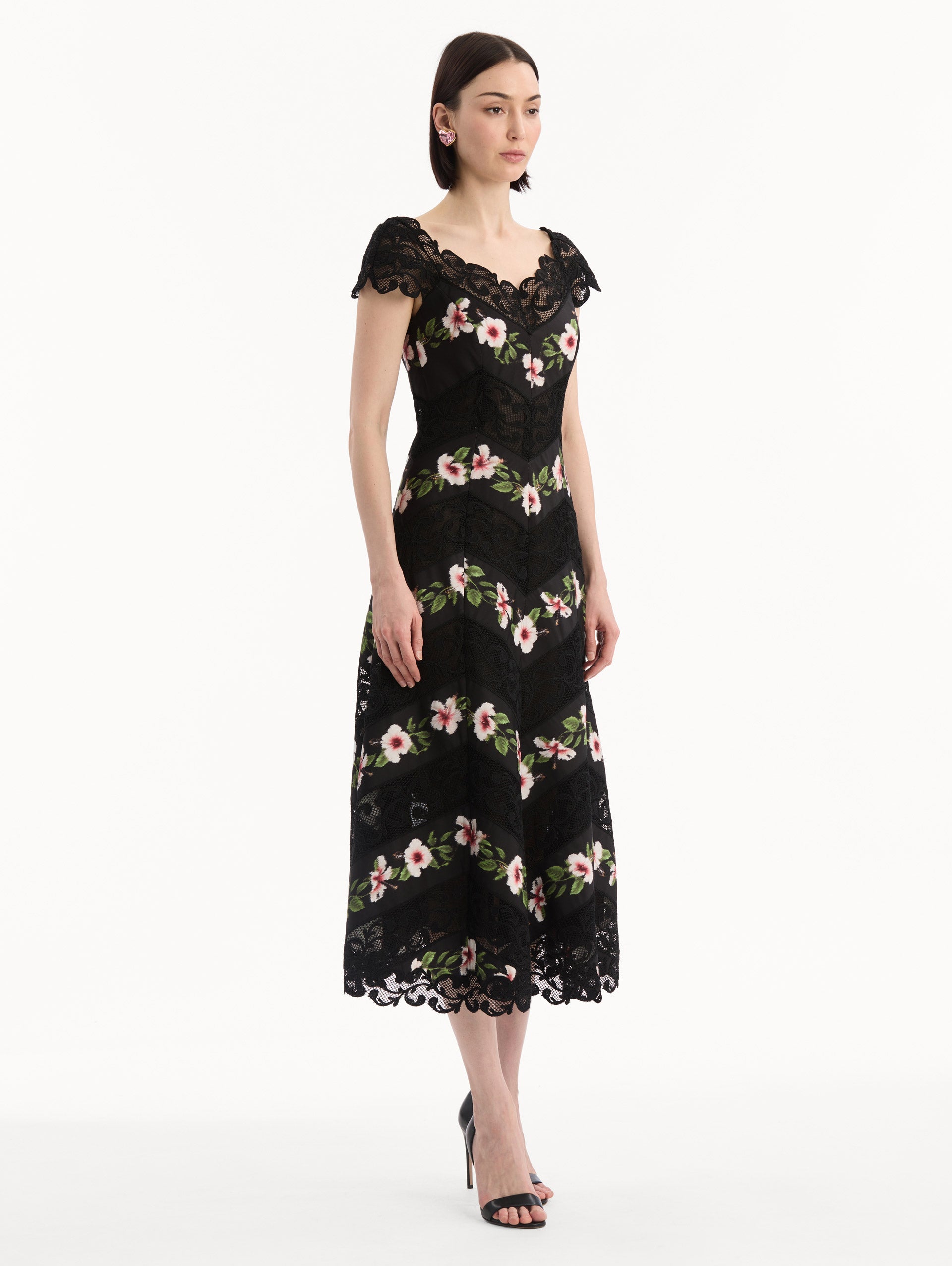 Chiné Hibiscus Striped Faille Midi Dress Black / Oscar de la Renta