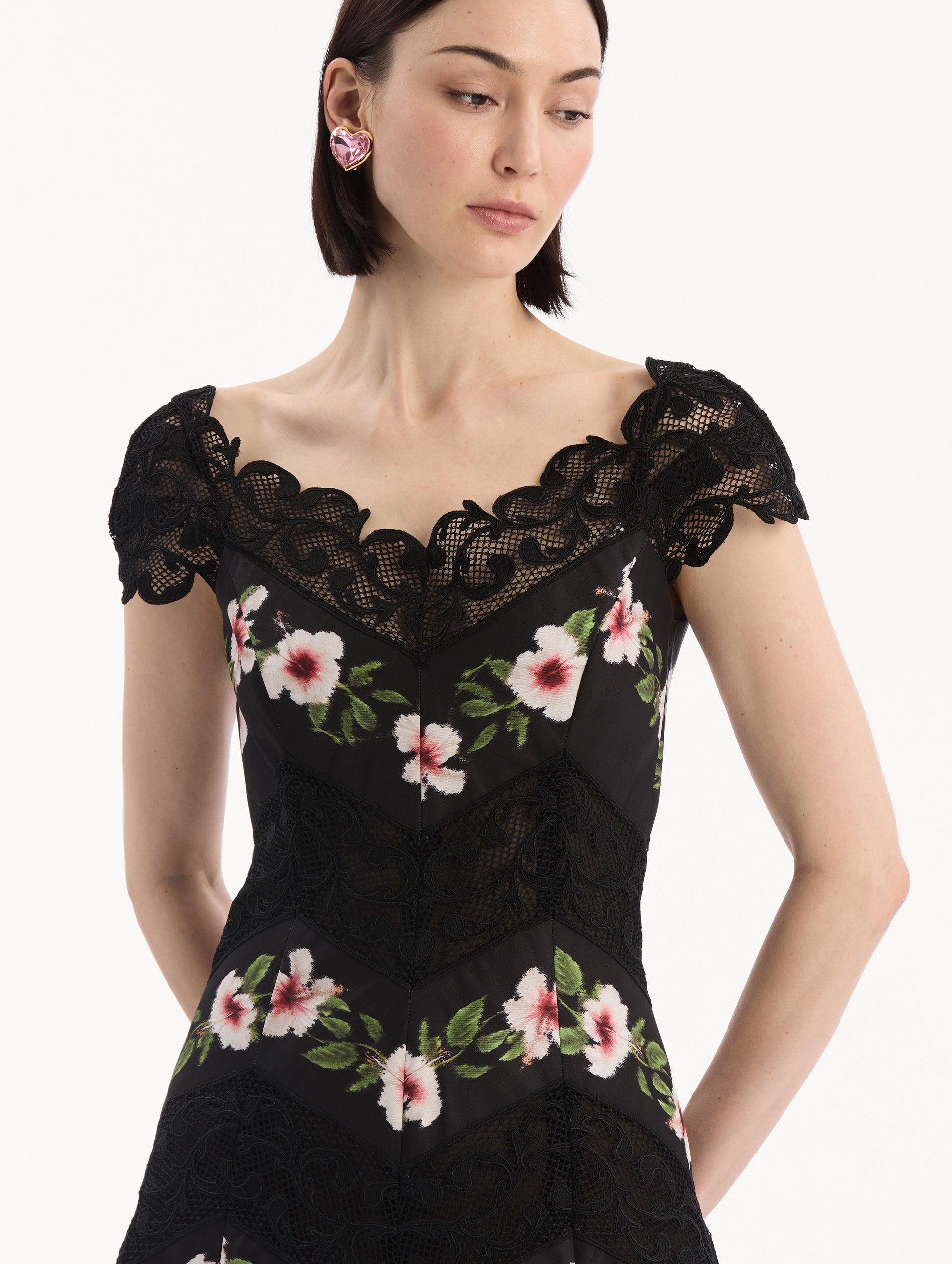 Chiné Hibiscus Striped Faille Midi Dress Black / Oscar de la Renta
