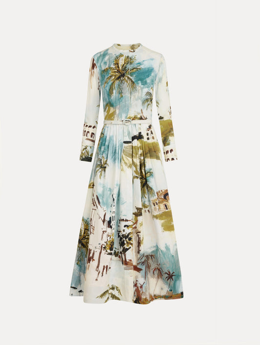 Dominican Landscape Cotton Poplin Short-Sleeve Dress Blue green multi / Oscar de la Renta