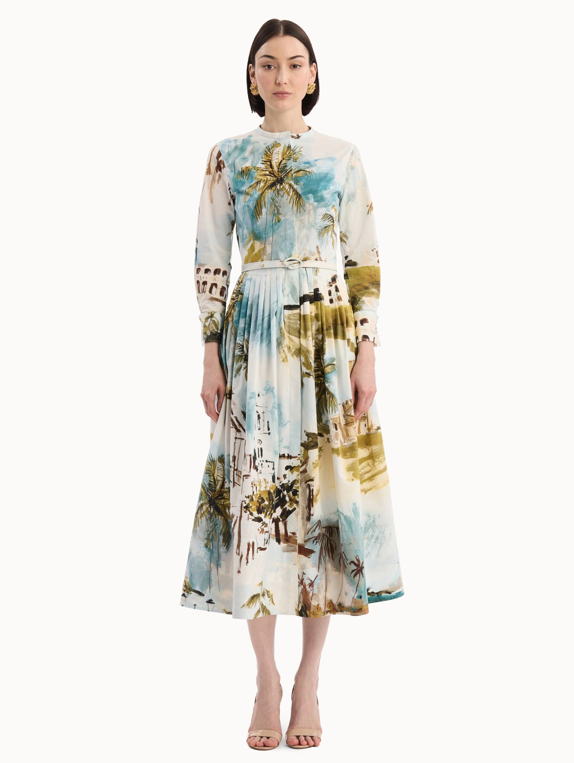 Dominican Landscape Cotton Poplin Short-Sleeve Dress Blue green multi / Oscar de la Renta
