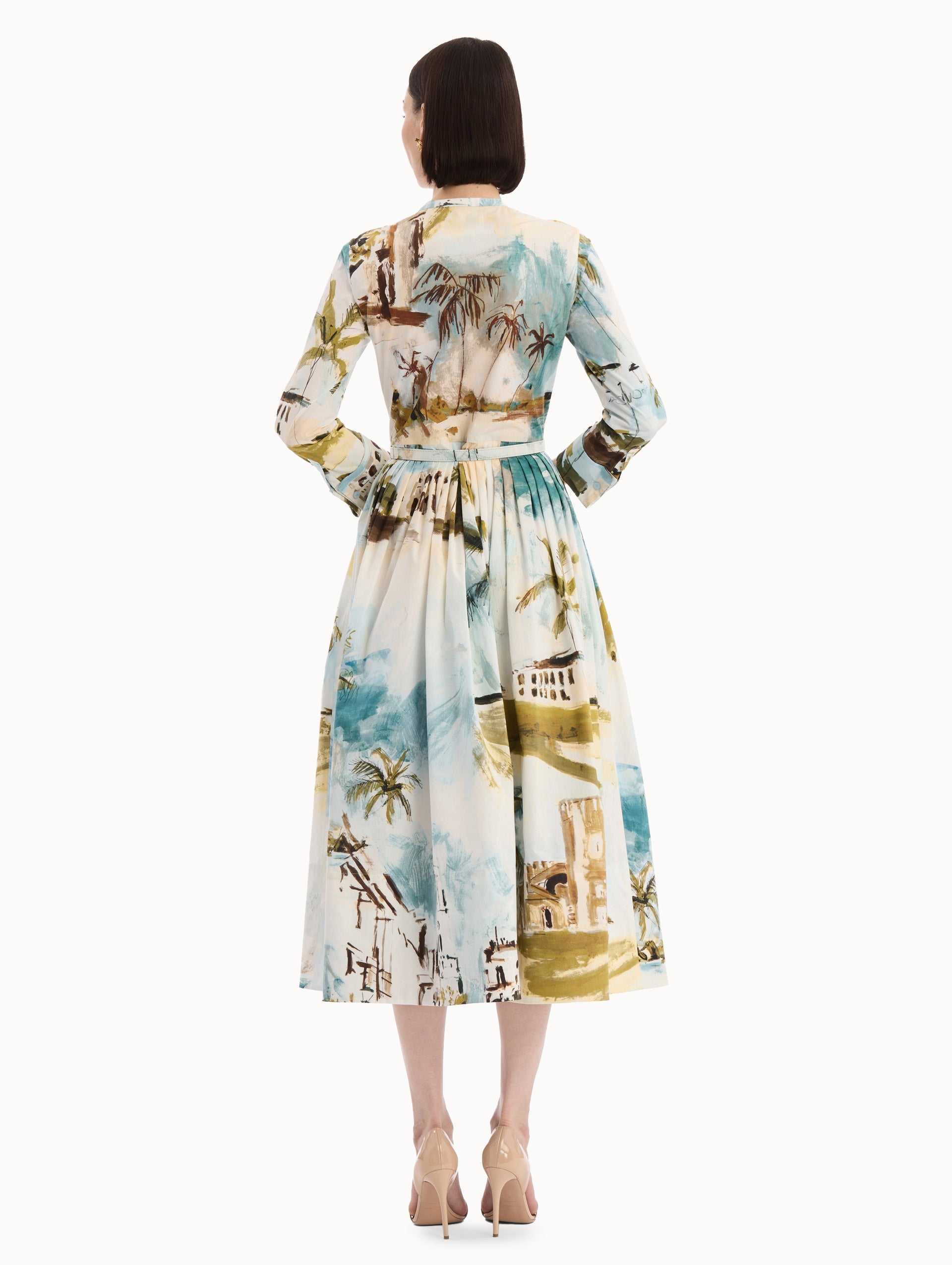Dominican Landscape Cotton Poplin Short-Sleeve Dress Blue green multi / Oscar de la Renta