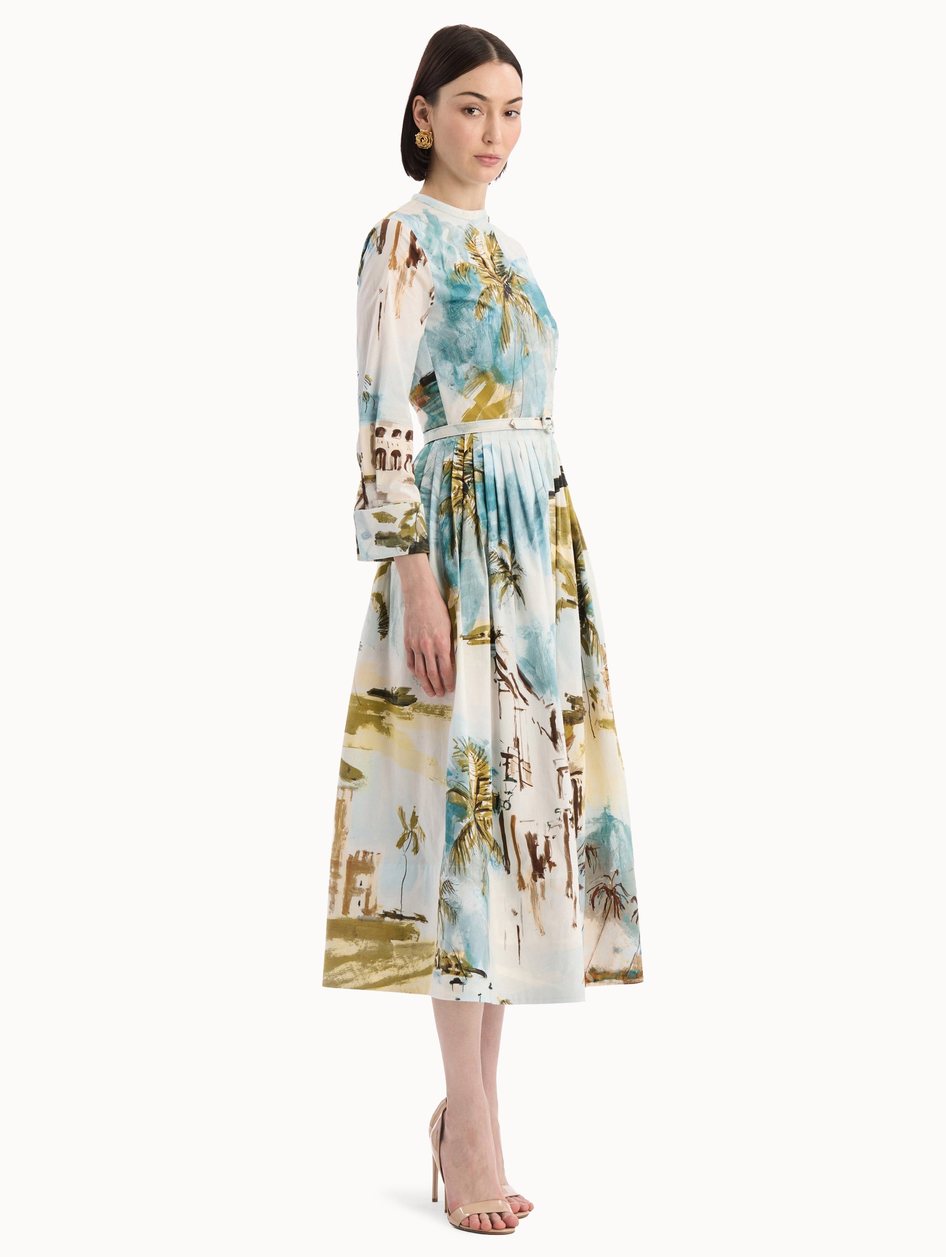 Dominican Landscape Cotton Poplin Short-Sleeve Dress Blue green multi / Oscar de la Renta