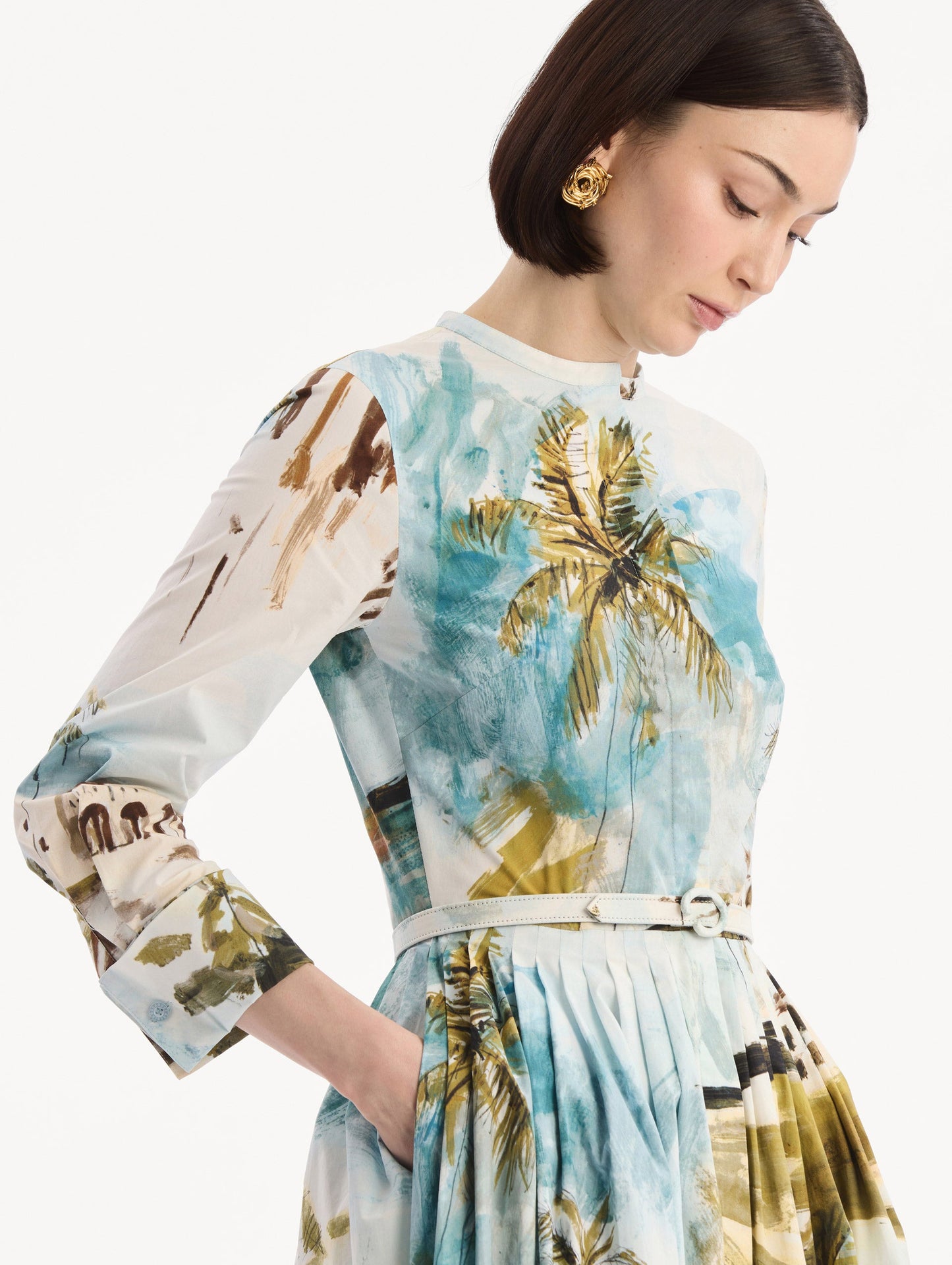 Dominican Landscape Cotton Poplin Short-Sleeve Dress Blue green multi / Oscar de la Renta