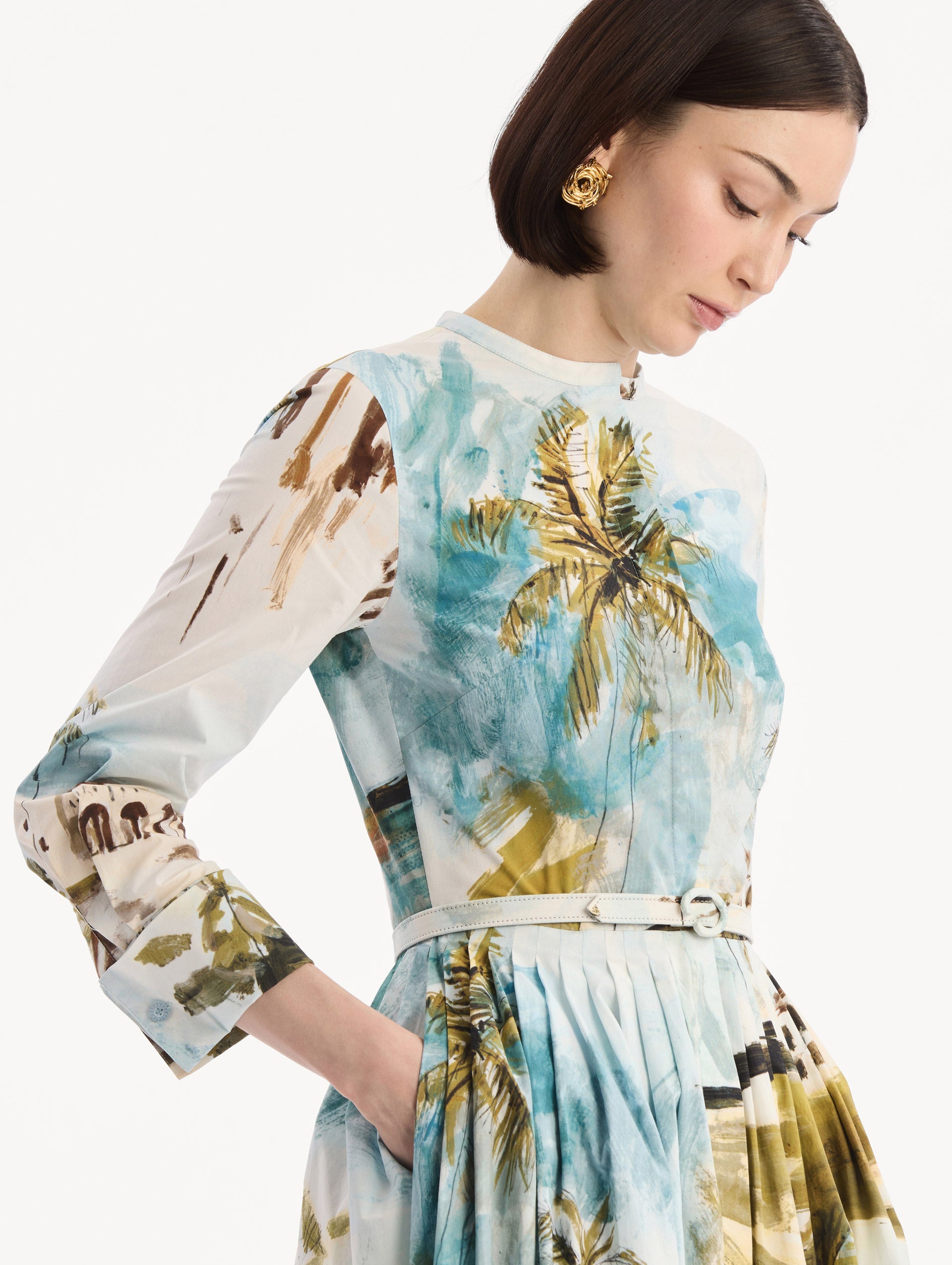 Dominican Landscape Cotton Poplin Short-Sleeve Dress Blue green multi / Oscar de la Renta
