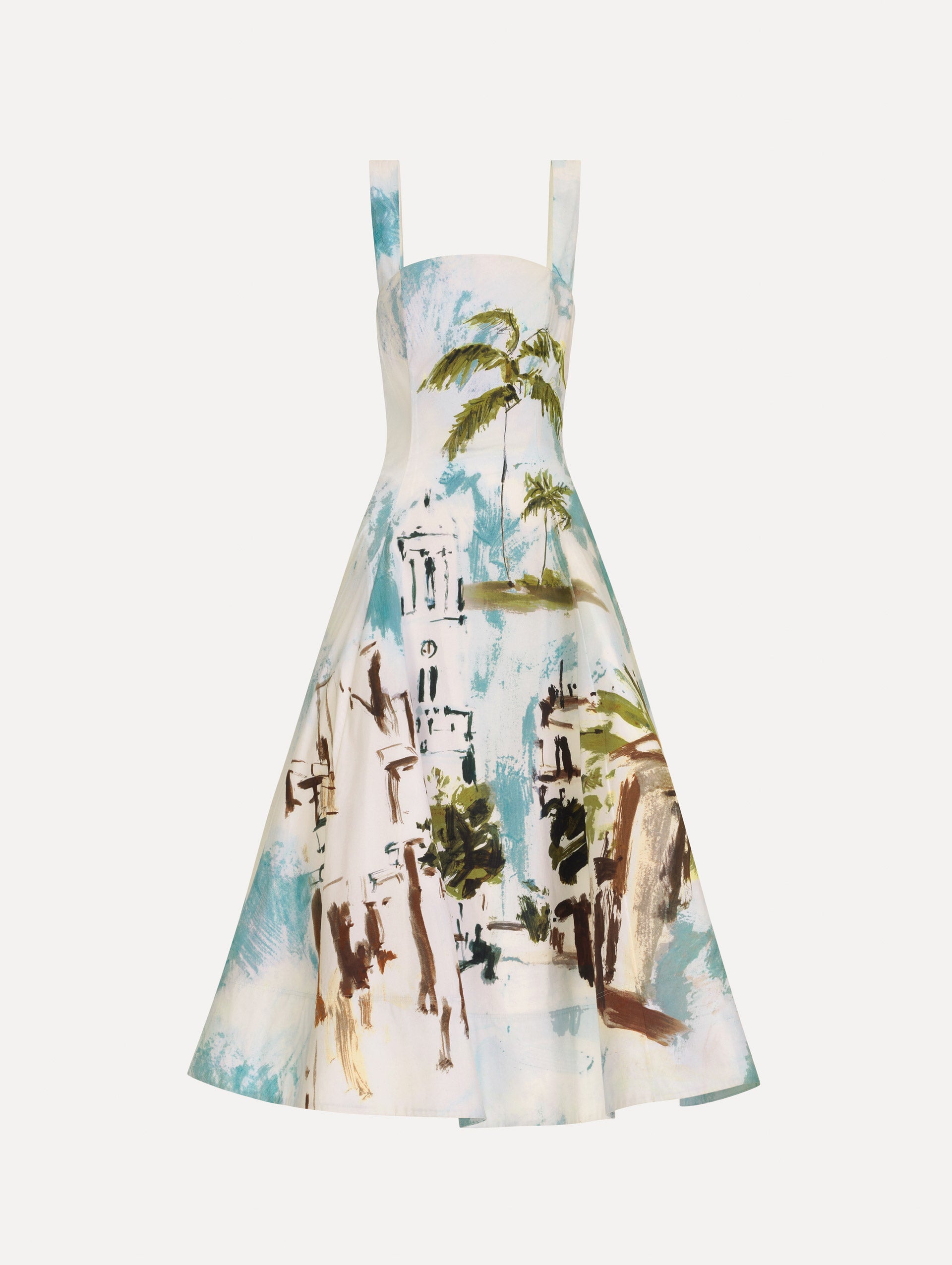Dominican Landscape Cotton Poplin Sleeveless Dress Blue green multi / Oscar de la Renta