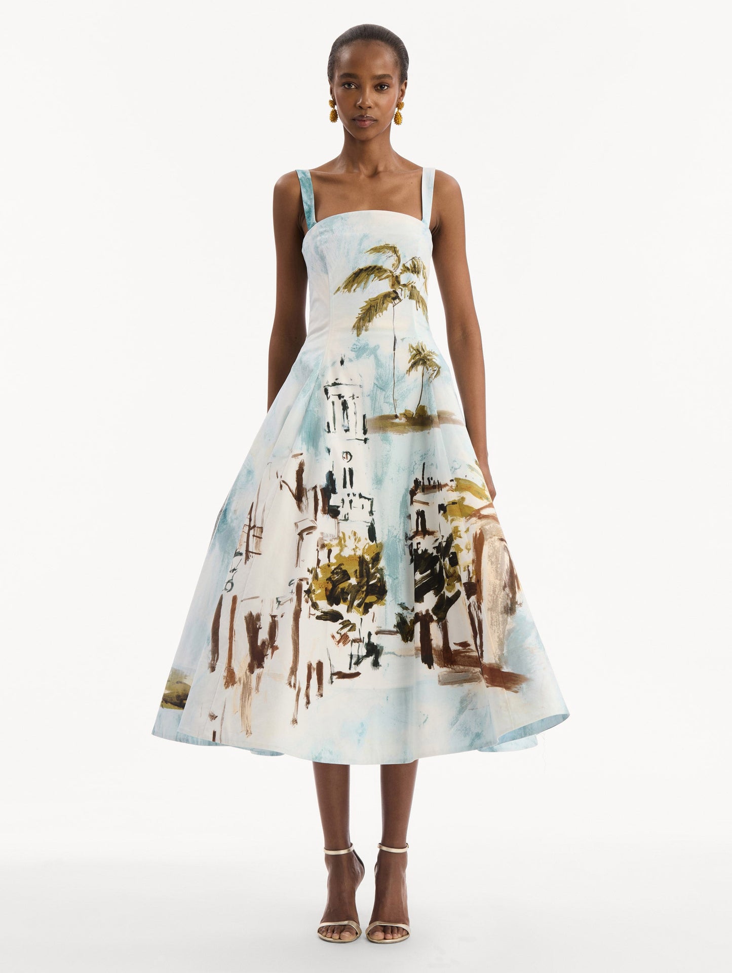 Dominican Landscape Cotton Poplin Sleeveless Dress Blue green multi / Oscar de la Renta