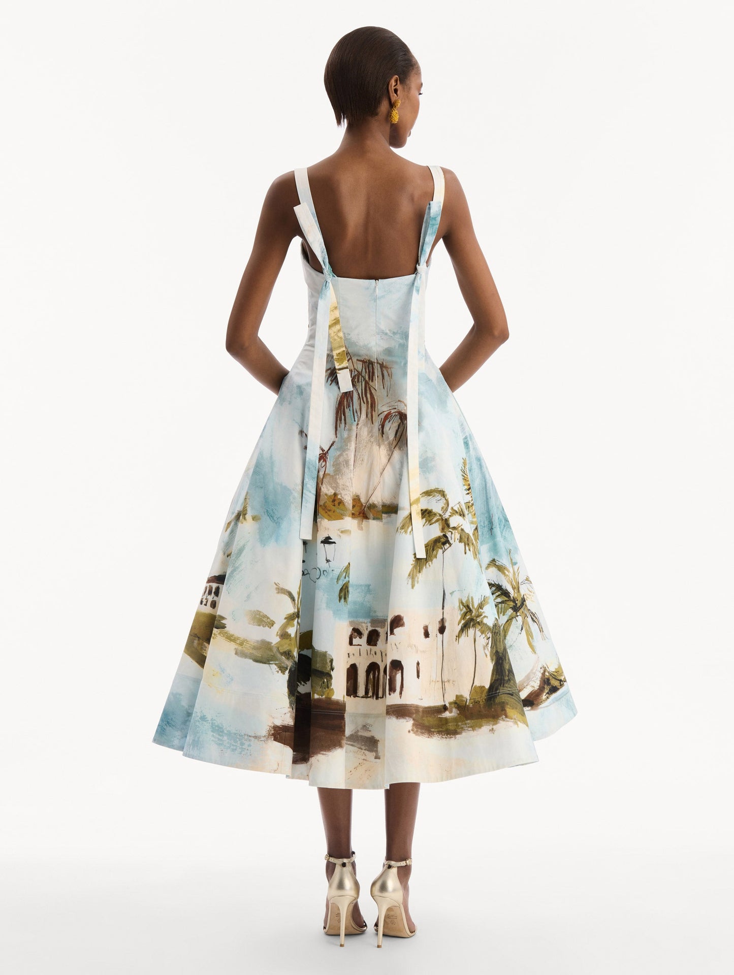 Dominican Landscape Cotton Poplin Sleeveless Dress Blue green multi / Oscar de la Renta
