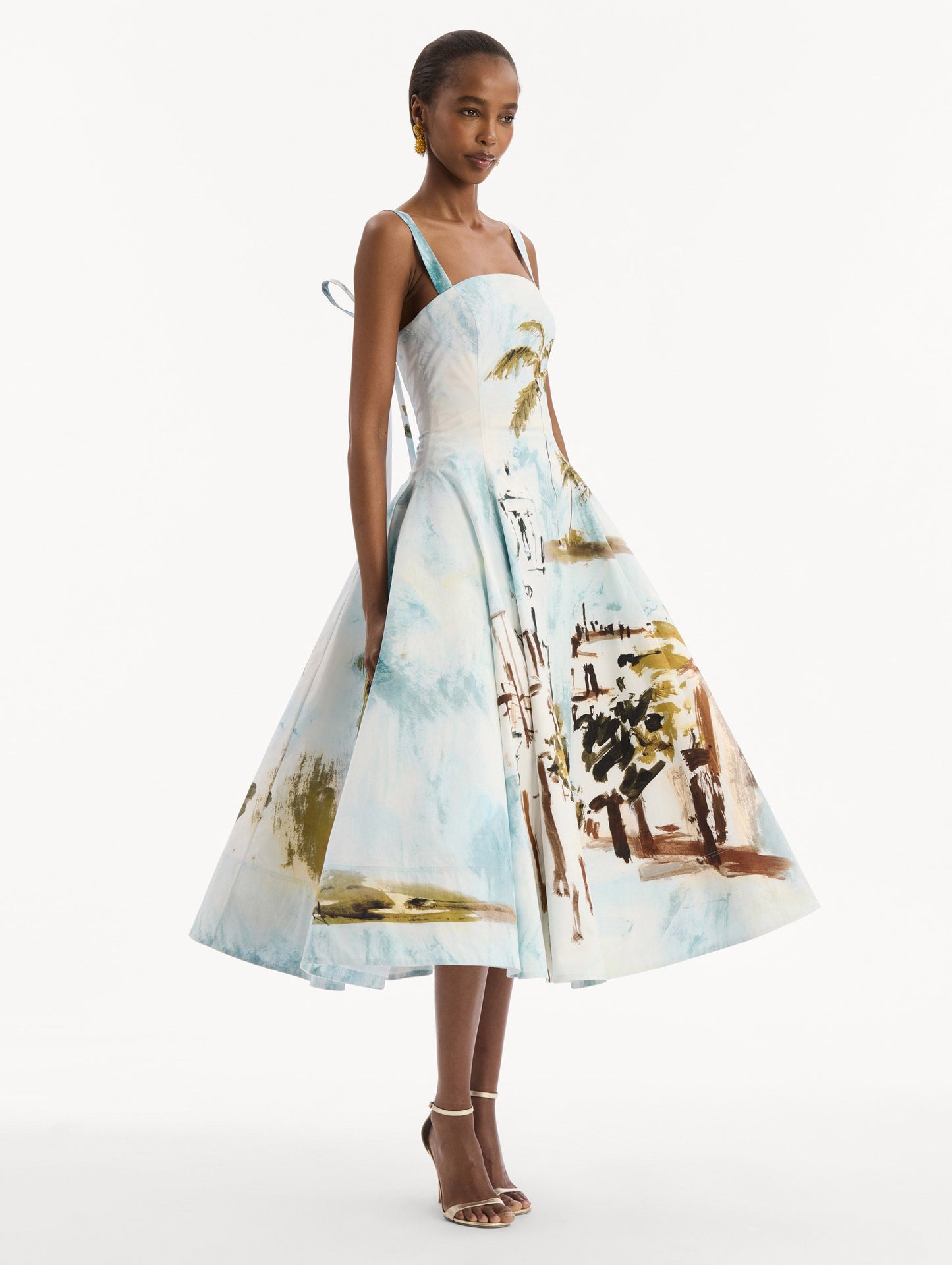 Dominican Landscape Cotton Poplin Sleeveless Dress Blue green multi / Oscar de la Renta