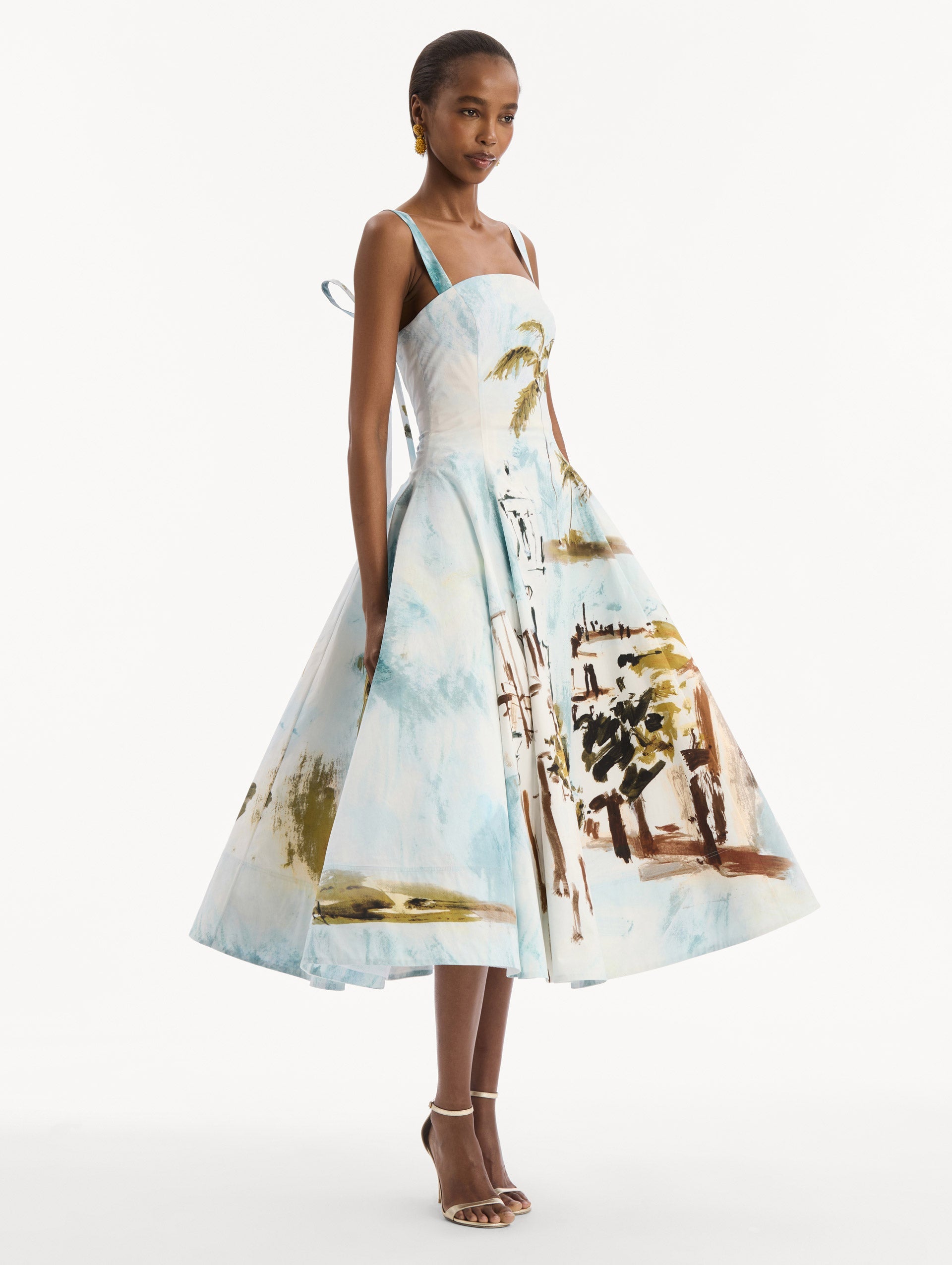 Dominican Landscape Cotton Poplin Sleeveless Dress Blue green multi / Oscar de la Renta