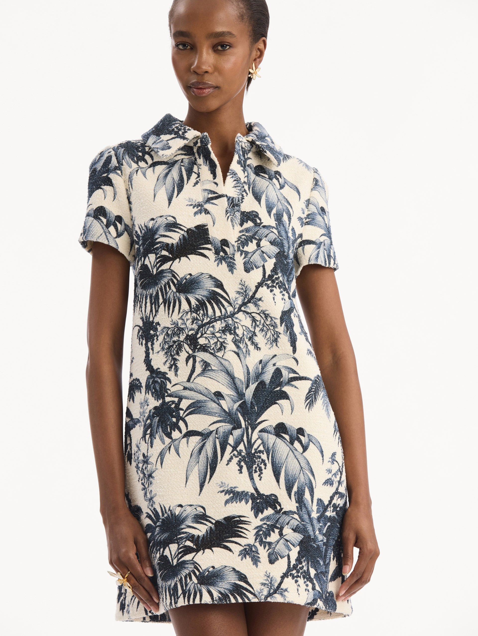 Chiné Palm Leaves Shift Dress Navy/ivory / Oscar de la Renta
