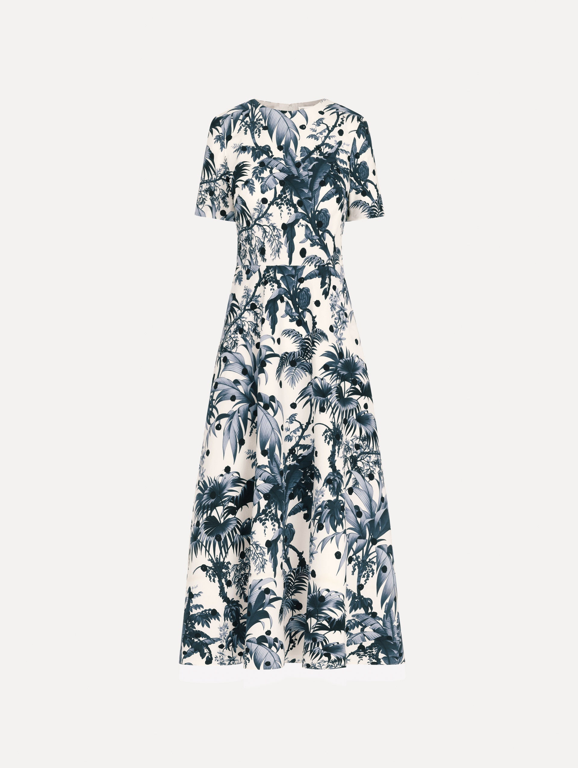 Dotted Palm Leaves Cotton Poplin Short-Sleeve Dress Navy/white / Oscar de la Renta