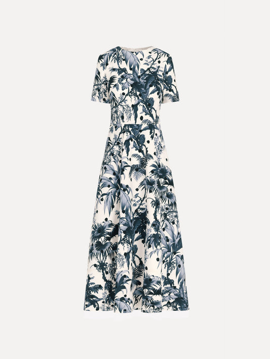 Dotted Palm Leaves Cotton Poplin Short-Sleeve Dress Navy/white / Oscar de la Renta
