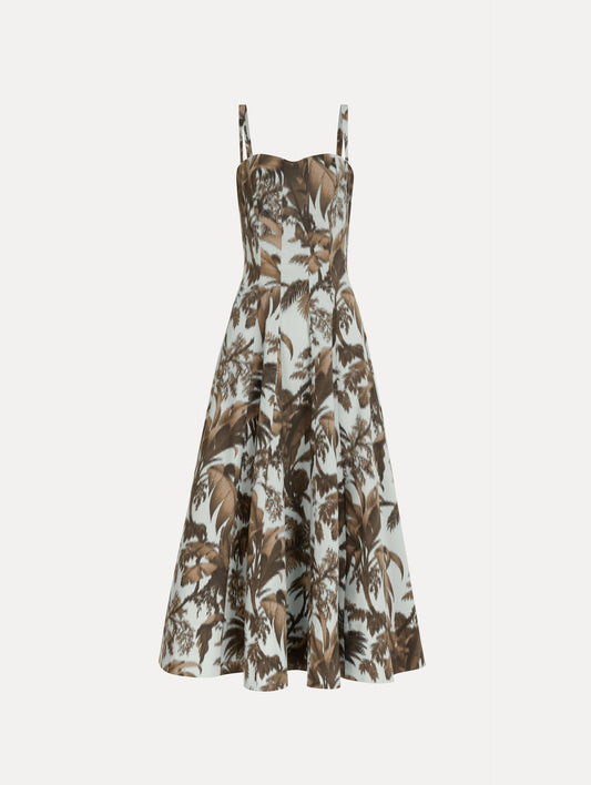 Chiné Palm Leaves Cotton Poplin Dress Brown/saltwater / Oscar de la Renta
