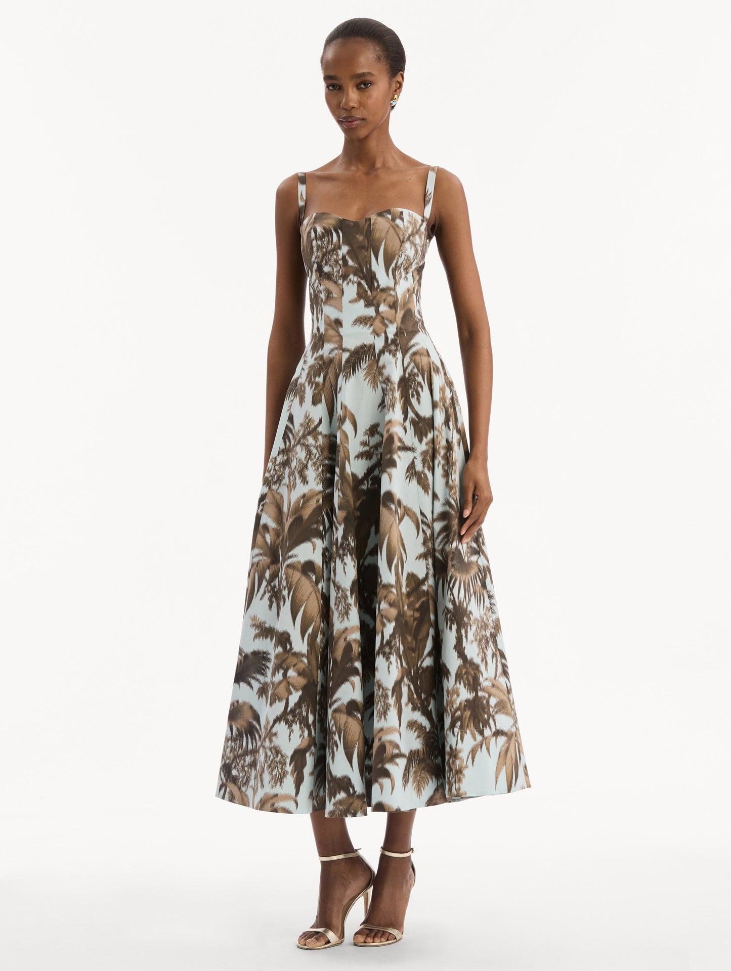 Chiné Palm Leaves Cotton Poplin Dress Brown/saltwater / Oscar de la Renta
