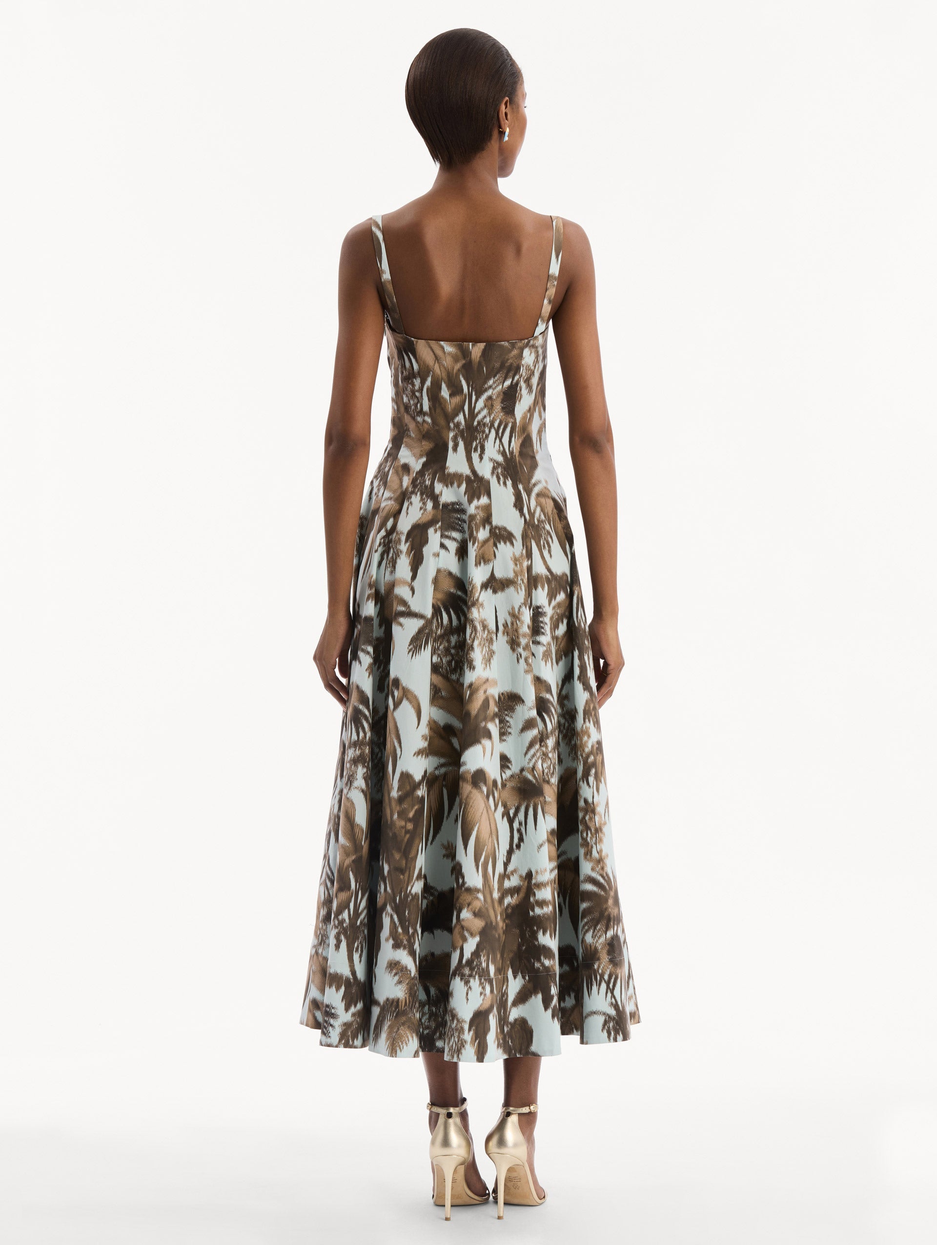 Chiné Palm Leaves Cotton Poplin Dress Brown/saltwater / Oscar de la Renta