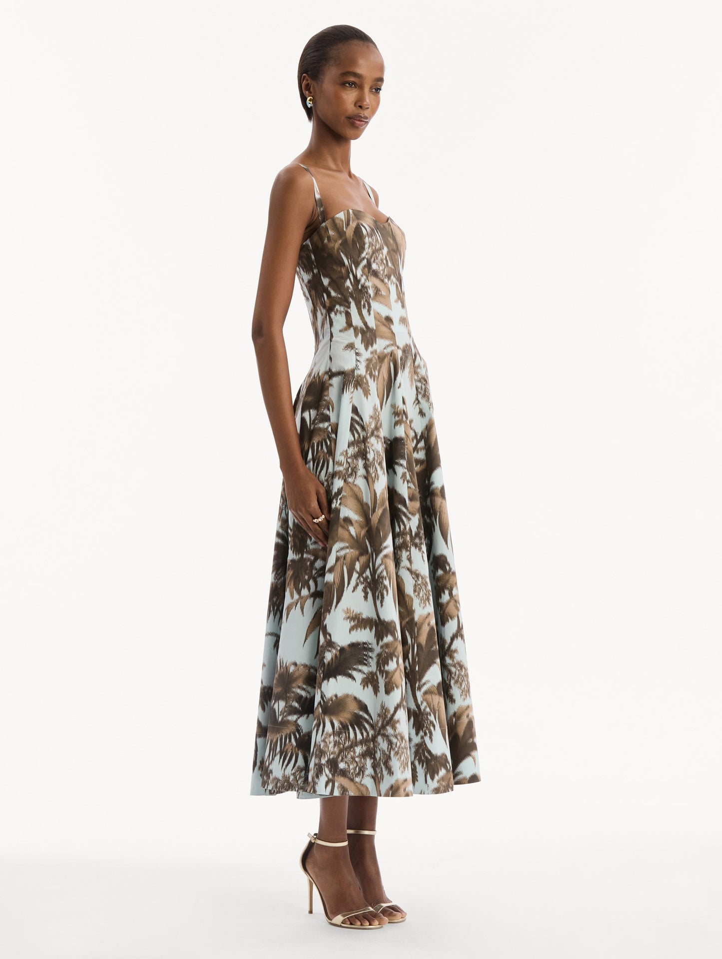 Chiné Palm Leaves Cotton Poplin Dress Brown/saltwater / Oscar de la Renta