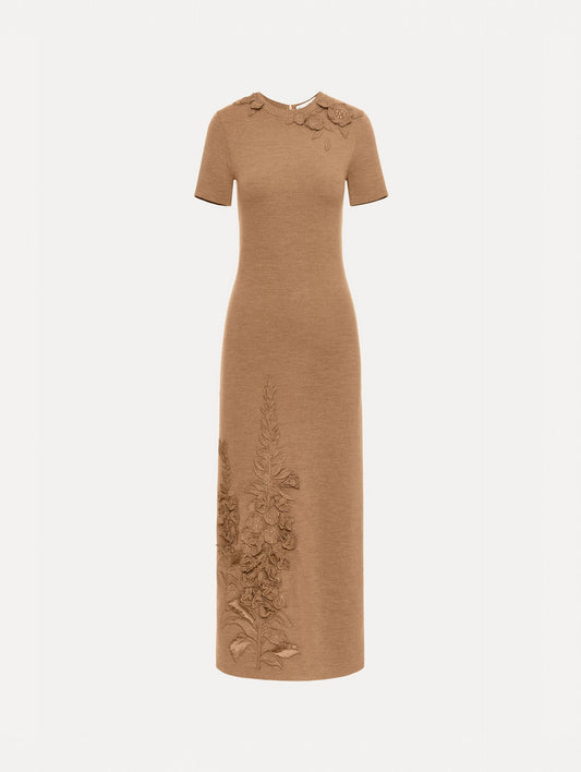 Foxglove Embroidered Knit Dress Brown / Oscar de la Renta