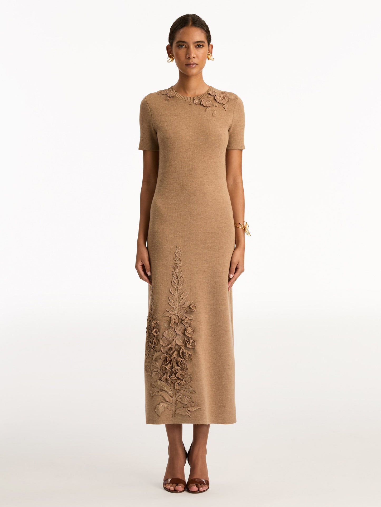 Foxglove Embroidered Knit Dress Brown / Oscar de la Renta