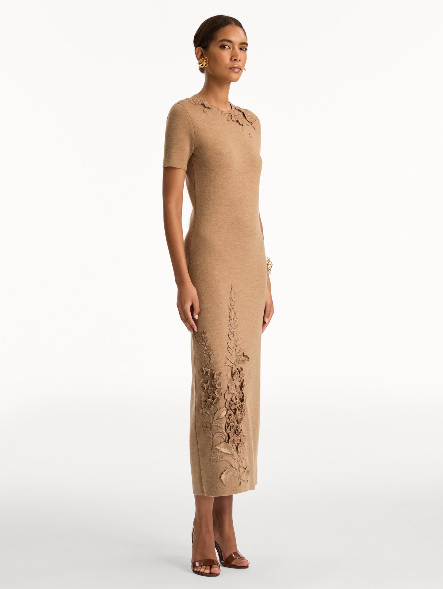 Foxglove Embroidered Knit Dress Brown / Oscar de la Renta