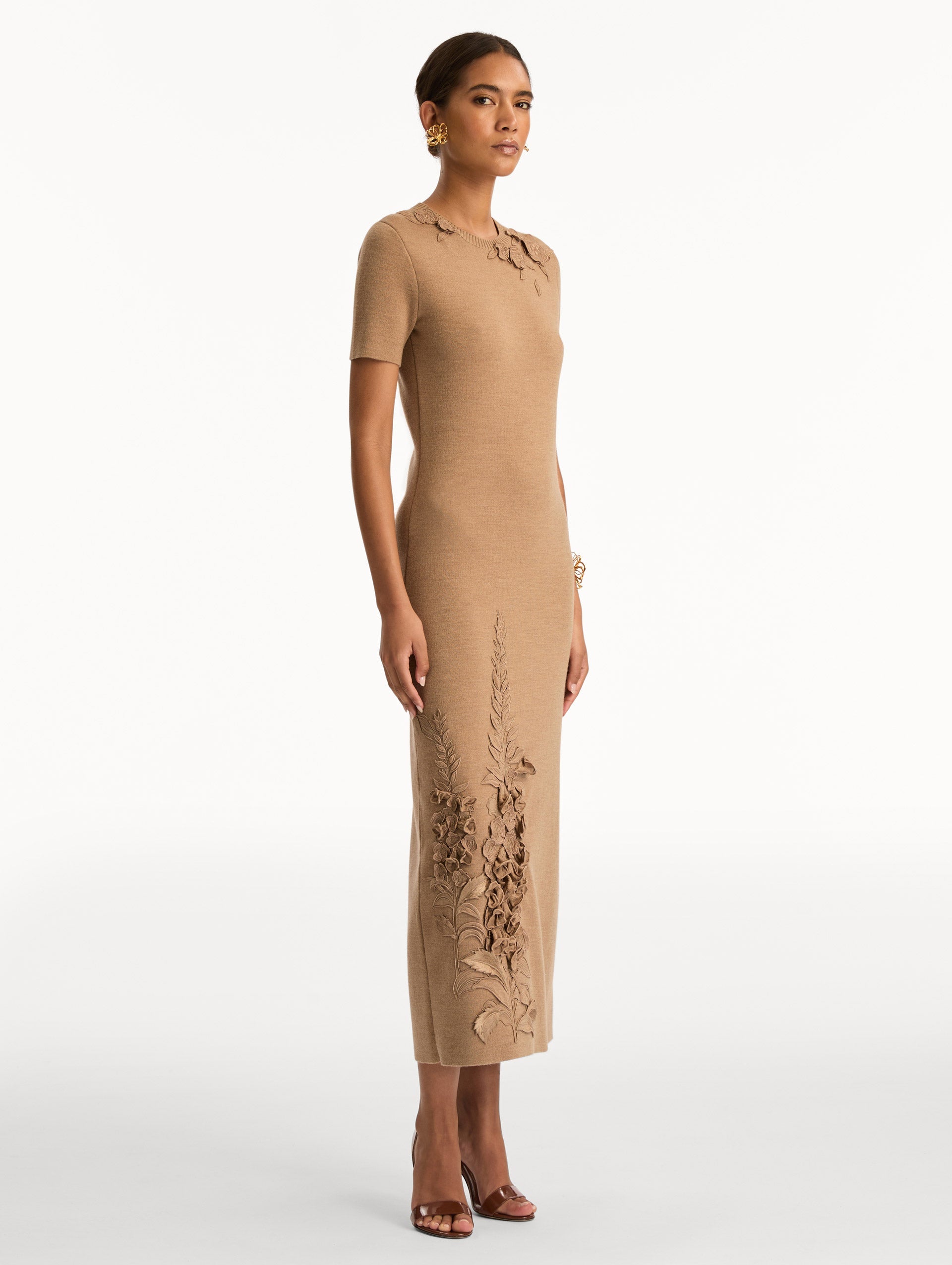 Foxglove Embroidered Knit Dress Brown / Oscar de la Renta