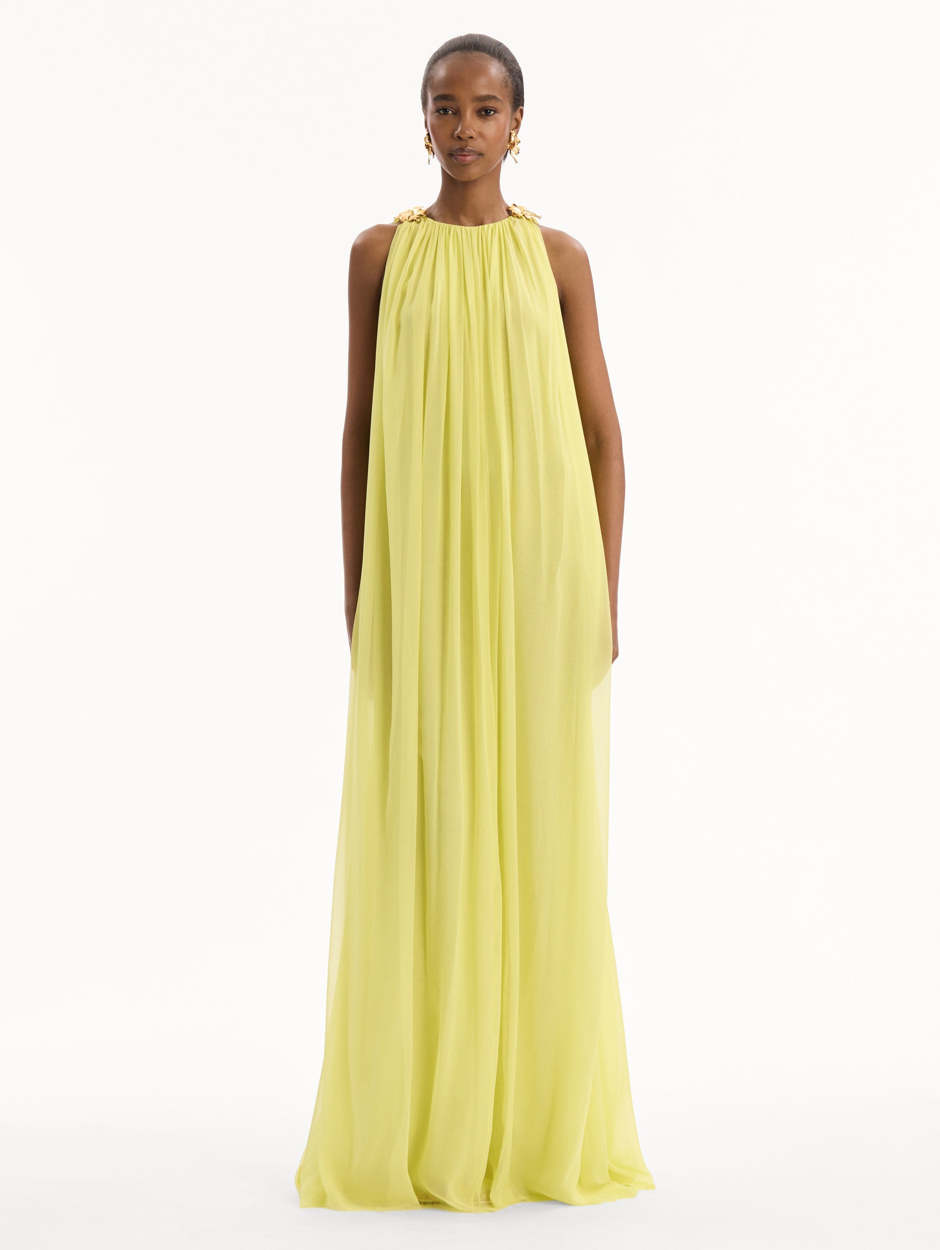 Hibiscus-Detail Silk Chiffon Caftan Lemonade / Oscar de la Renta