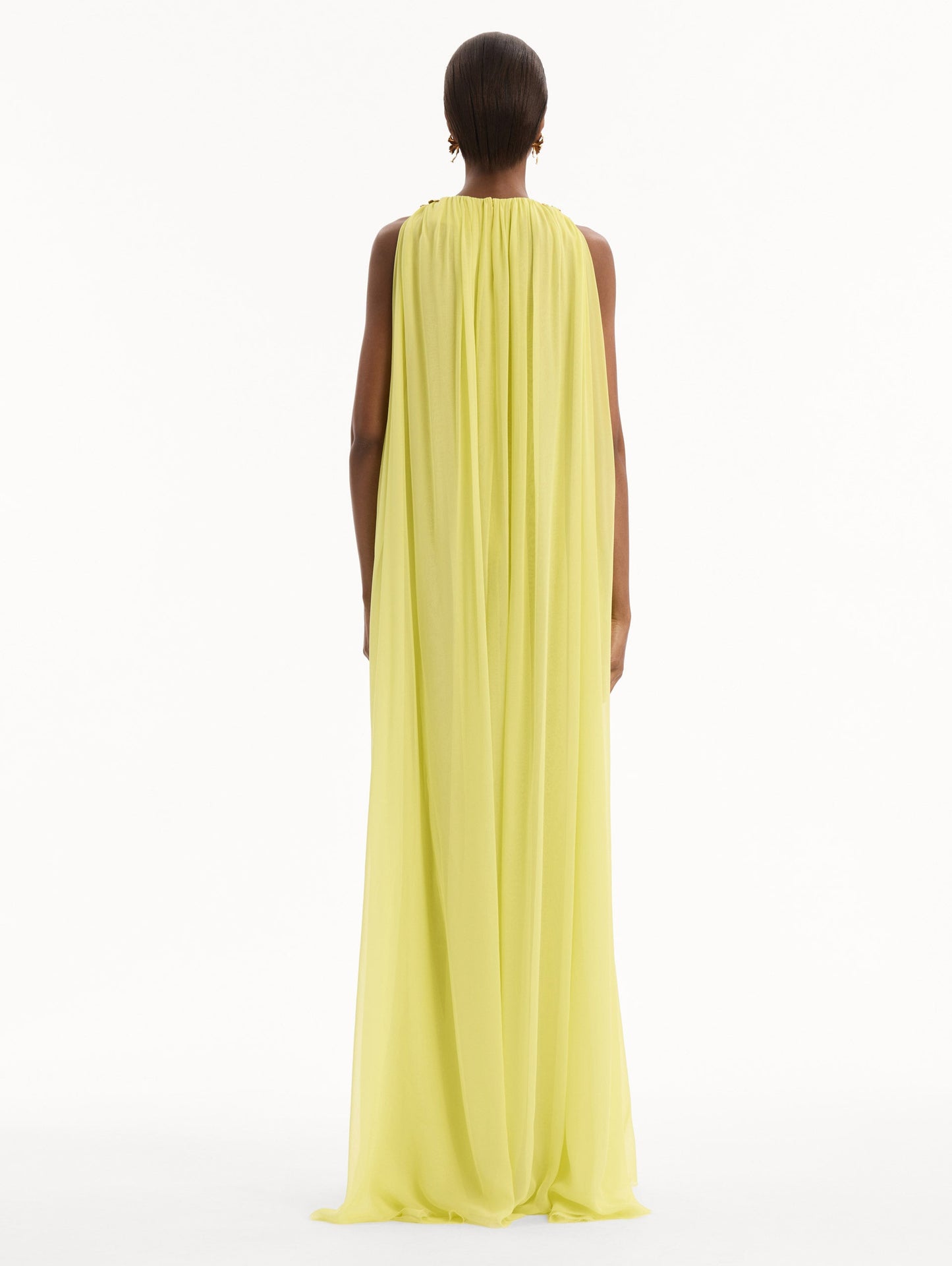 Hibiscus-Detail Silk Chiffon Caftan Lemonade / Oscar de la Renta