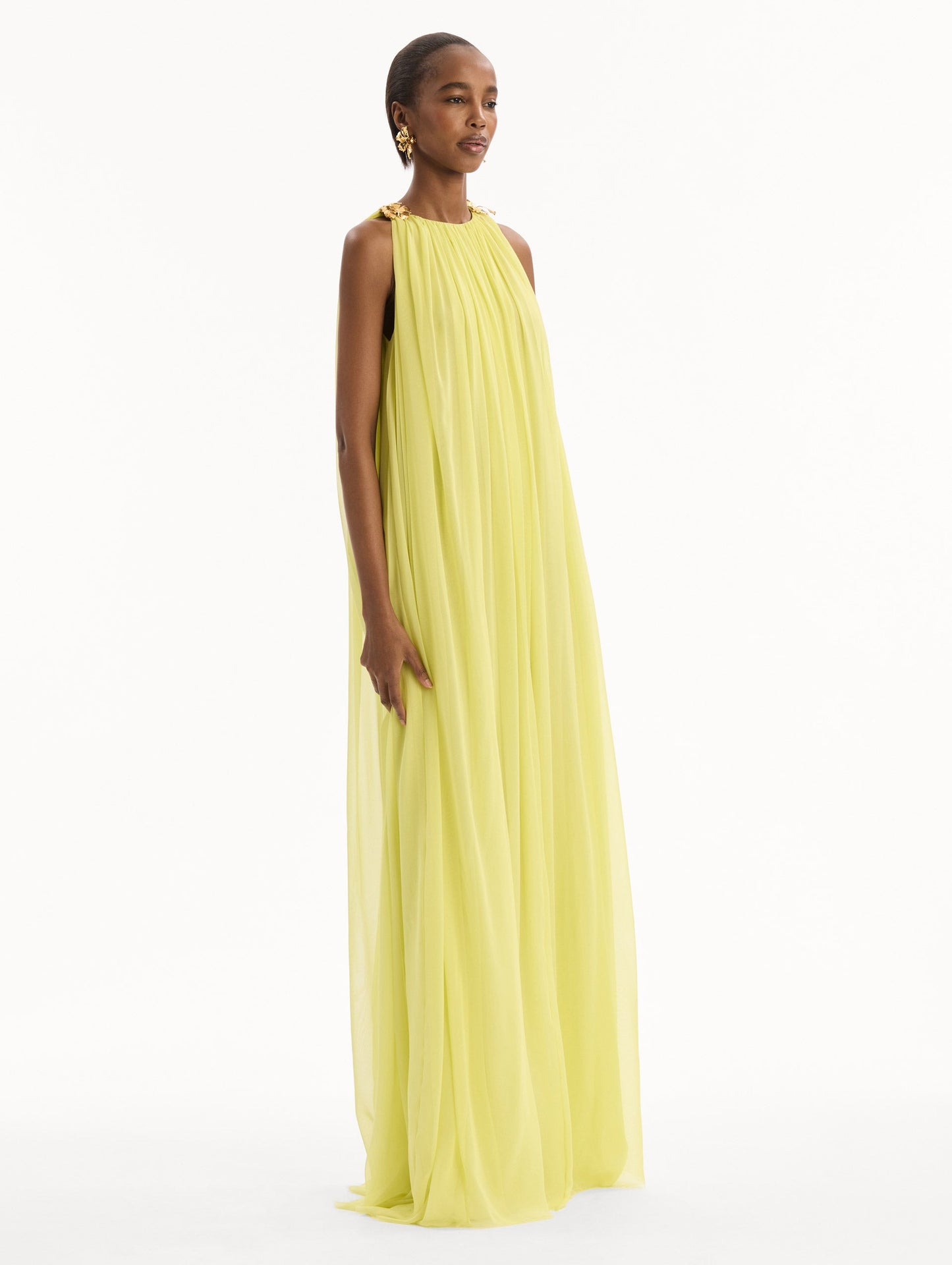 Hibiscus-Detail Silk Chiffon Caftan Lemonade / Oscar de la Renta