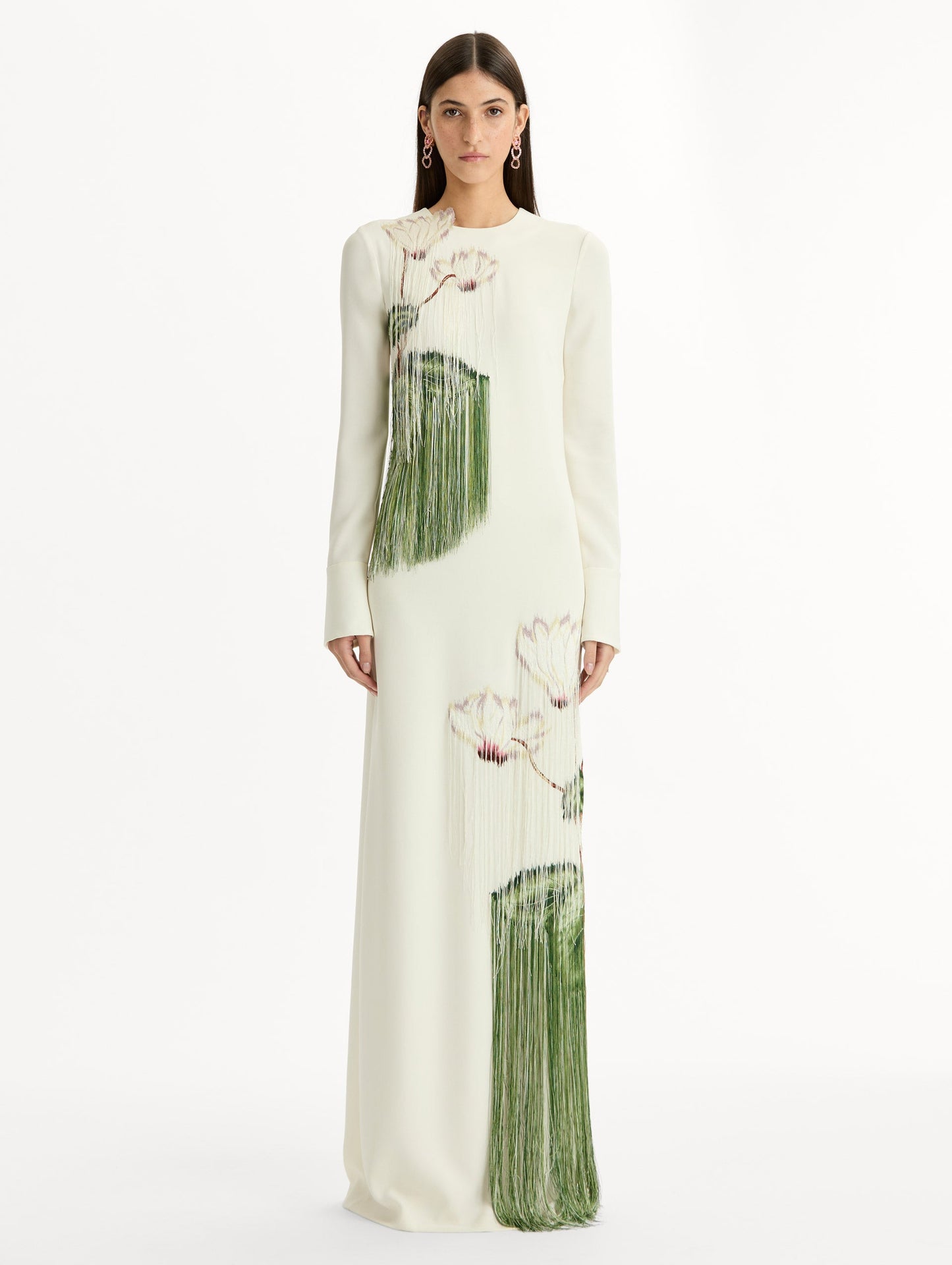 Chiné Cyclamen Threadwork Fringe Caftan Ivory / Oscar de la Renta