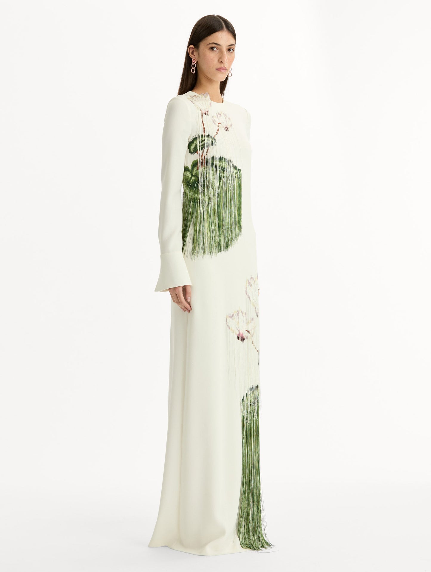 Chiné Cyclamen Threadwork Fringe Caftan Ivory / Oscar de la Renta