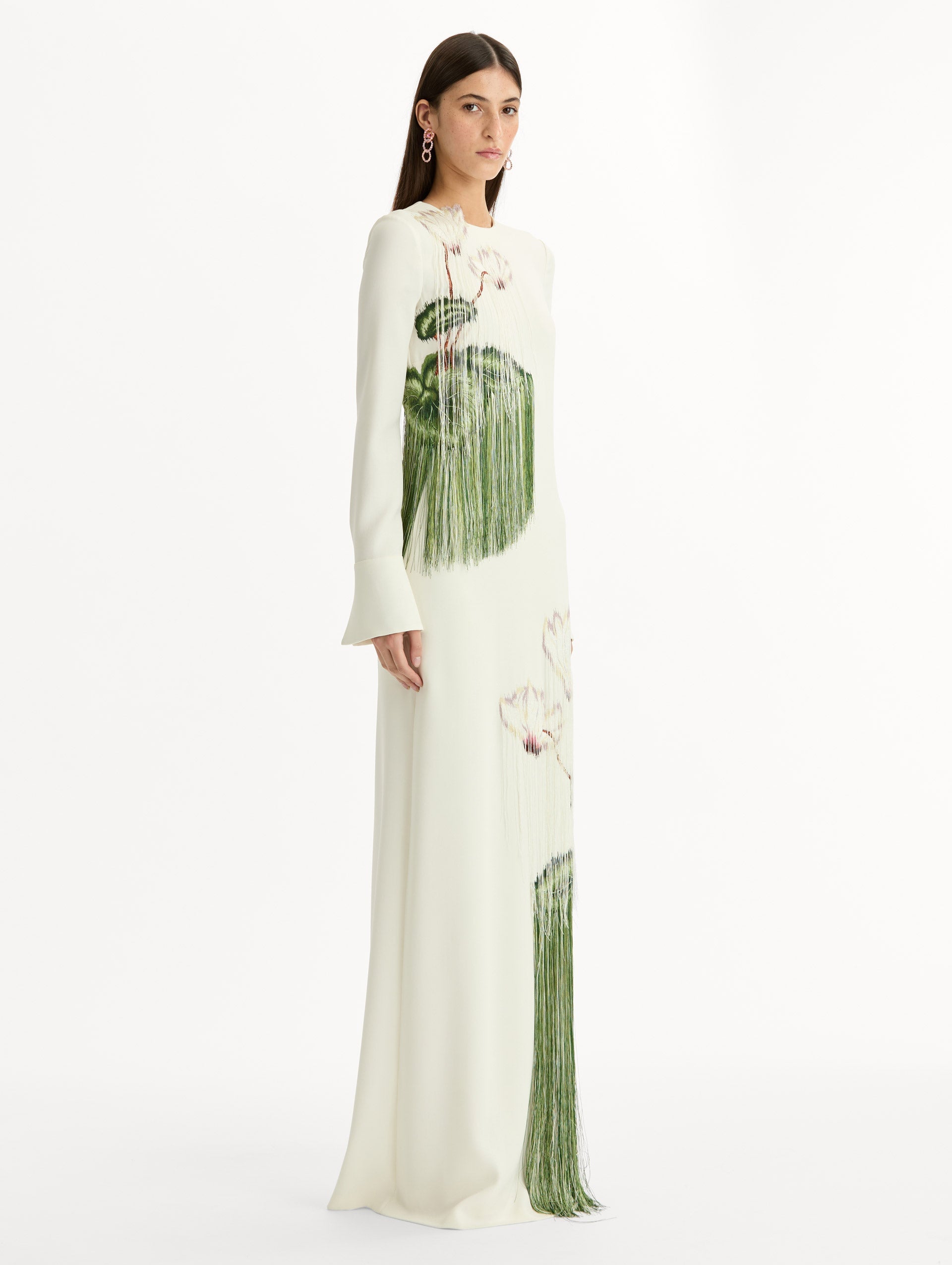 Chiné Cyclamen Threadwork Fringe Caftan Ivory / Oscar de la Renta