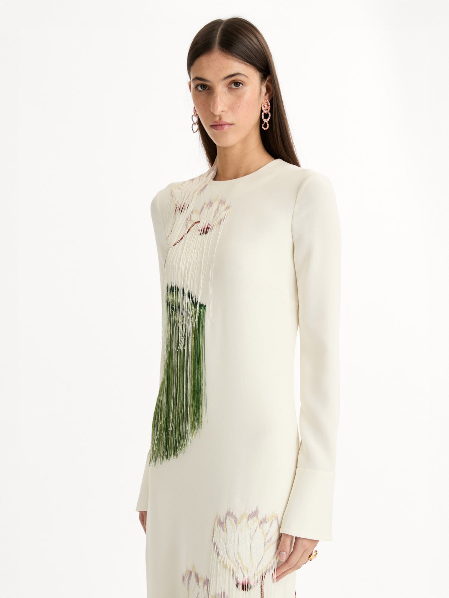 Chiné Cyclamen Threadwork Fringe Caftan Ivory / Oscar de la Renta