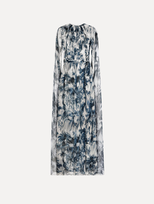 Chiné Palm Leaves Silk Caftan Navy/white / Oscar de la Renta