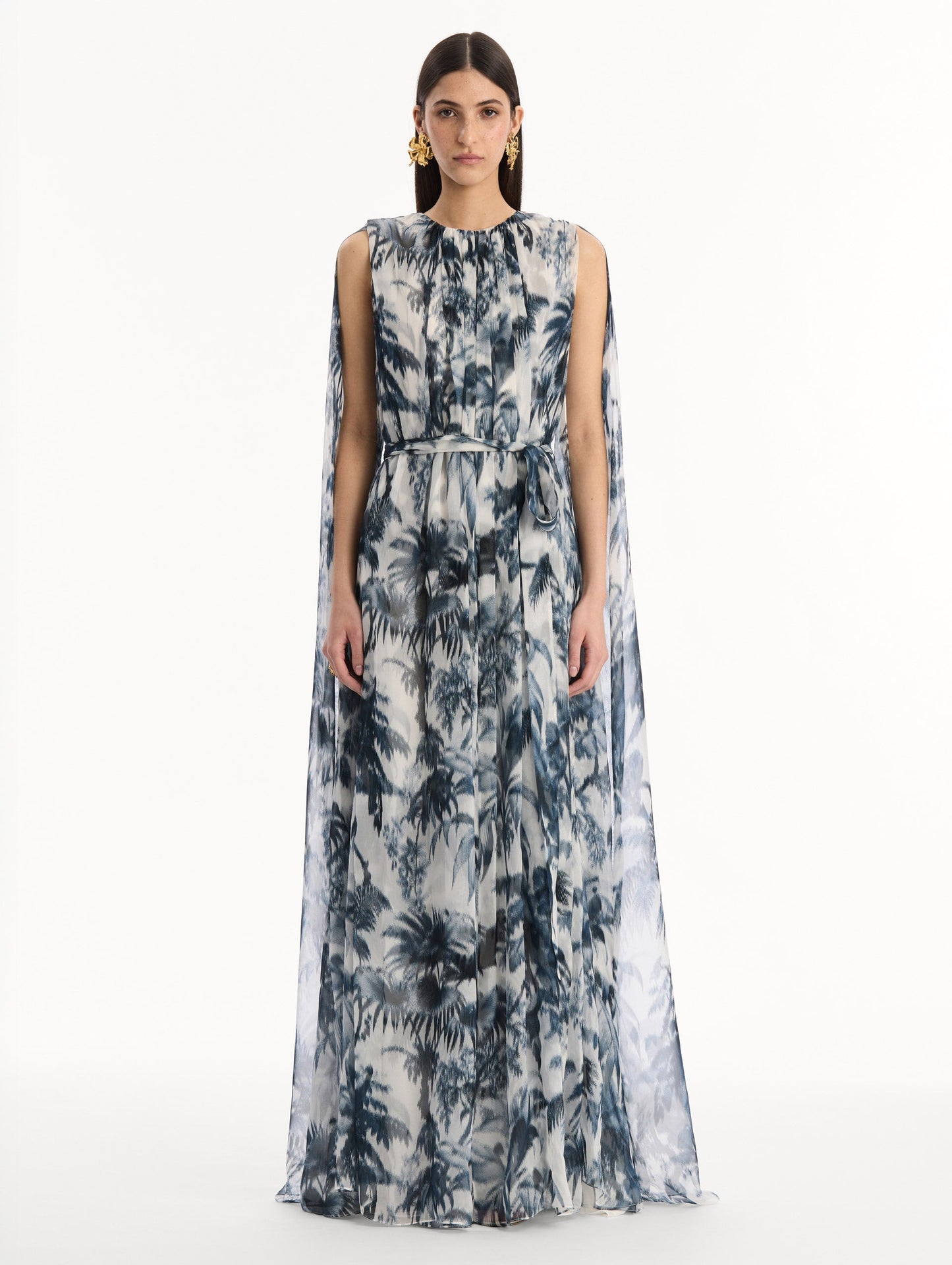 Chiné Palm Leaves Silk Caftan Navy/white / Oscar de la Renta