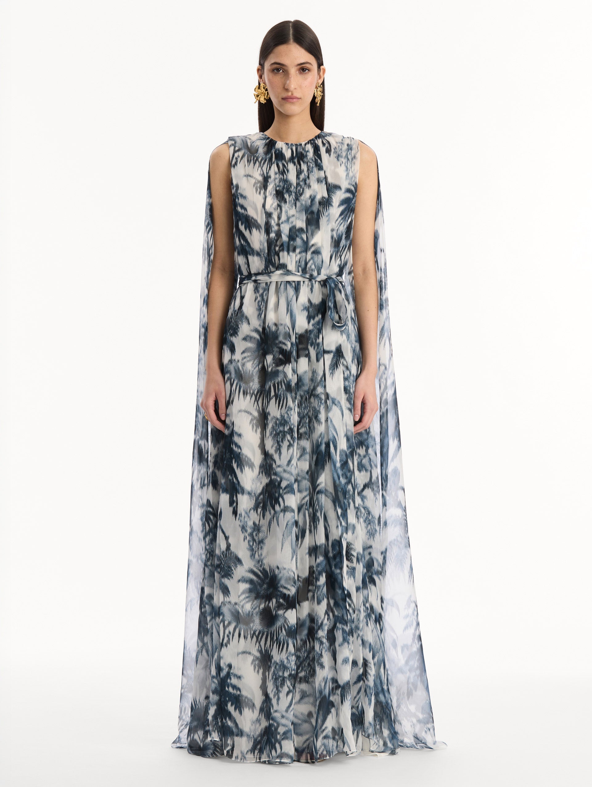 Chiné Palm Leaves Silk Caftan Navy/white / Oscar de la Renta