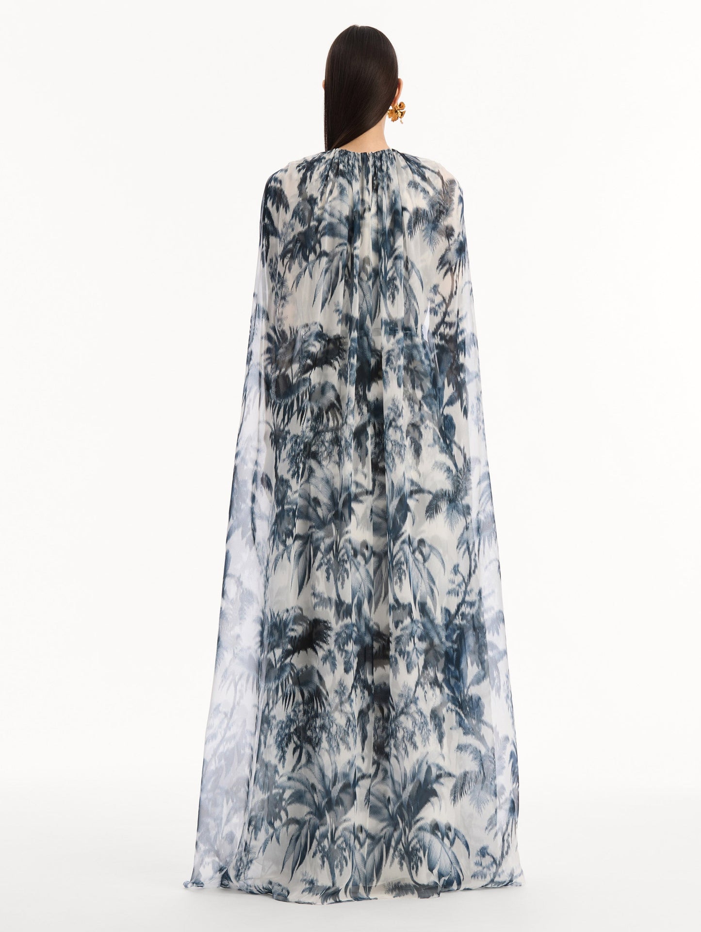Chiné Palm Leaves Silk Caftan Navy/white / Oscar de la Renta