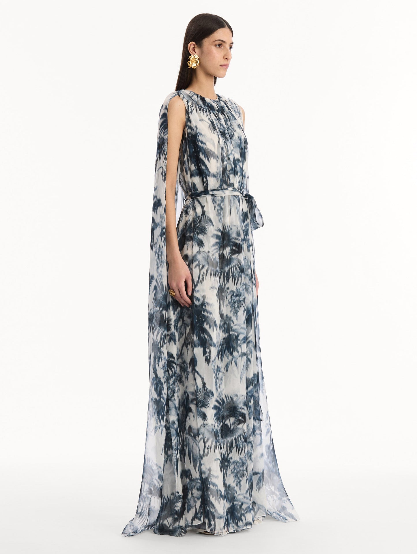 Chiné Palm Leaves Silk Caftan Navy/white / Oscar de la Renta