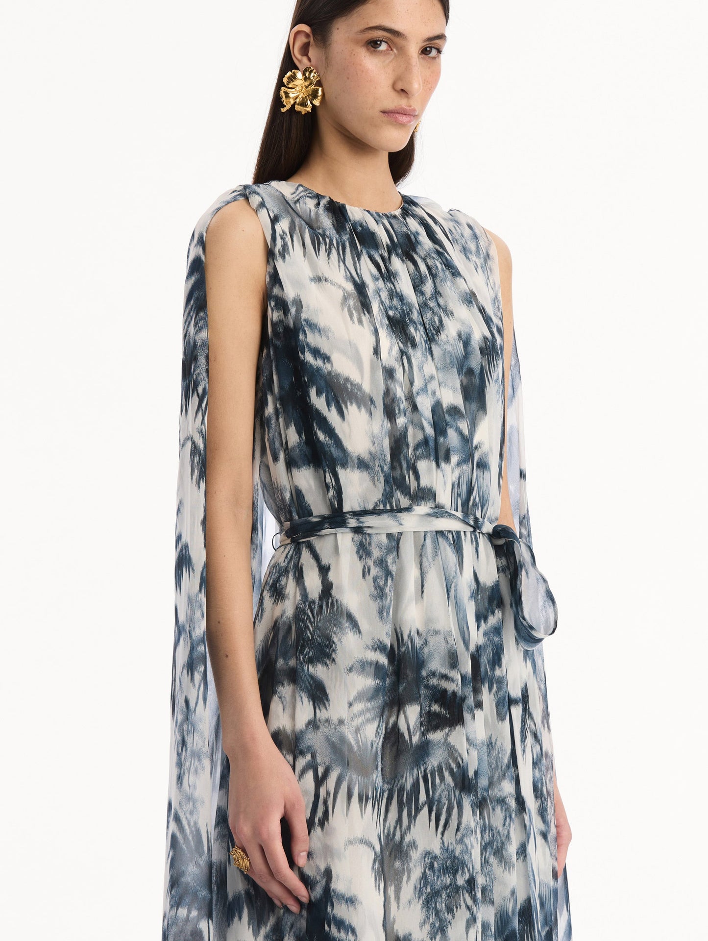 Chiné Palm Leaves Silk Caftan Navy/white / Oscar de la Renta