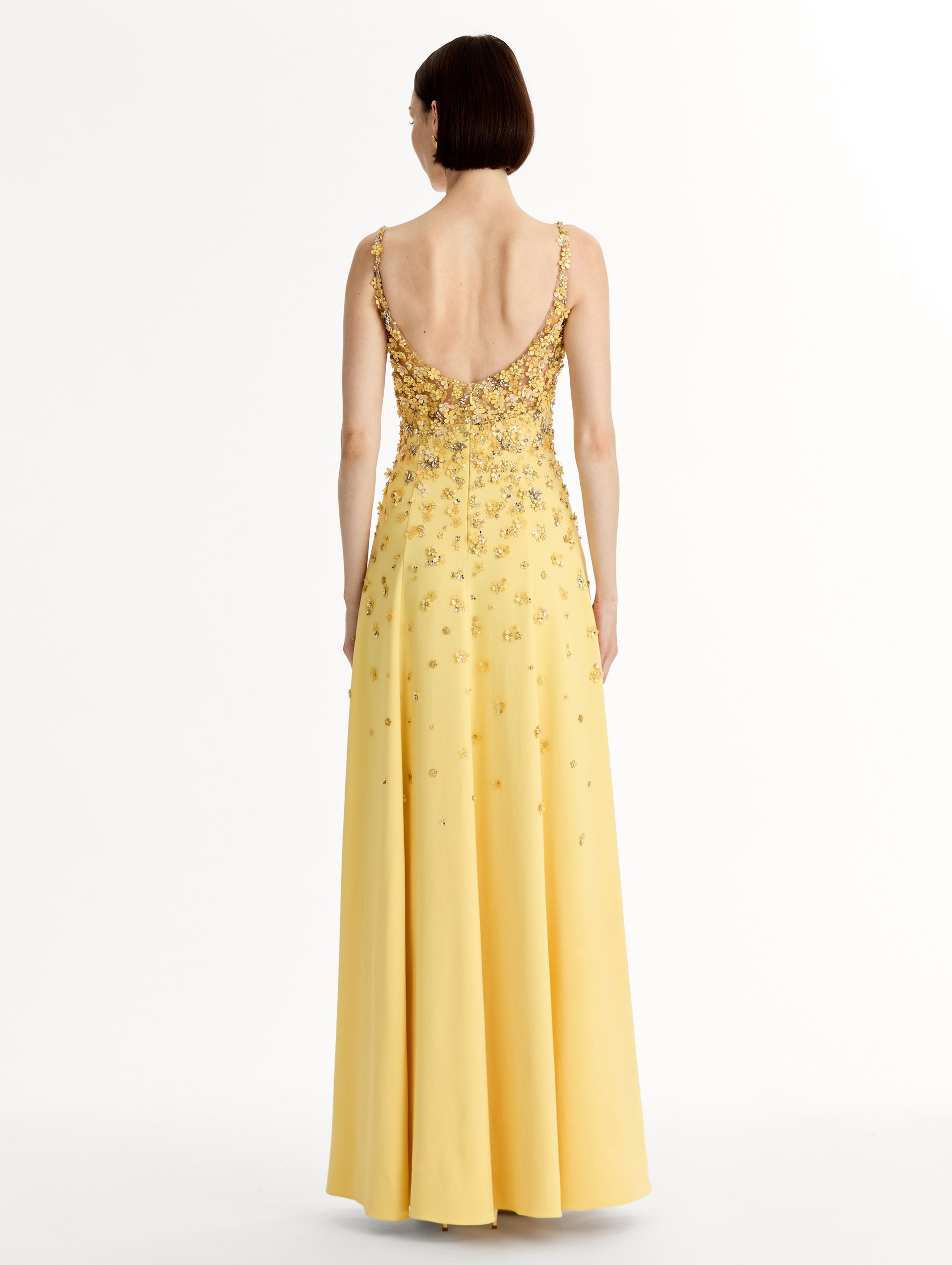Porcelain Flower Embroidered Sleeveless Gown Butter / Oscar de la Renta
