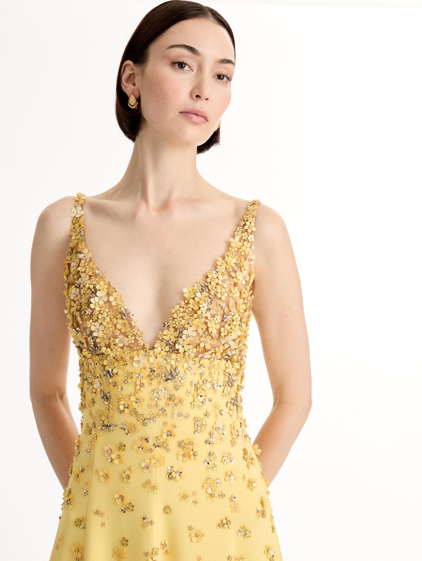 Porcelain Flower Embroidered Sleeveless Gown Butter / Oscar de la Renta