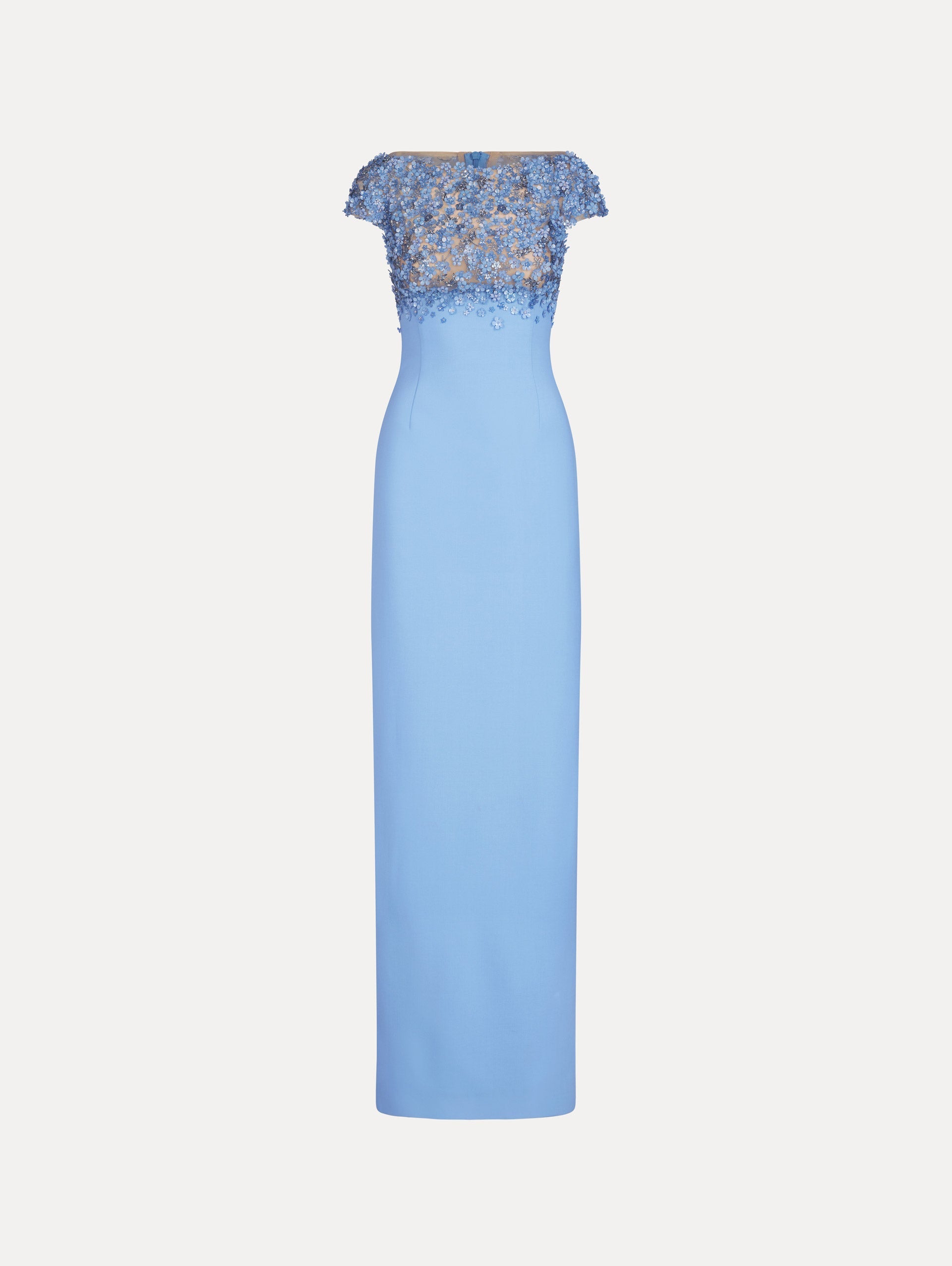 Porcelain Flower Embroidered Cap-Sleeve Gown Hydrangea / Oscar de la Renta