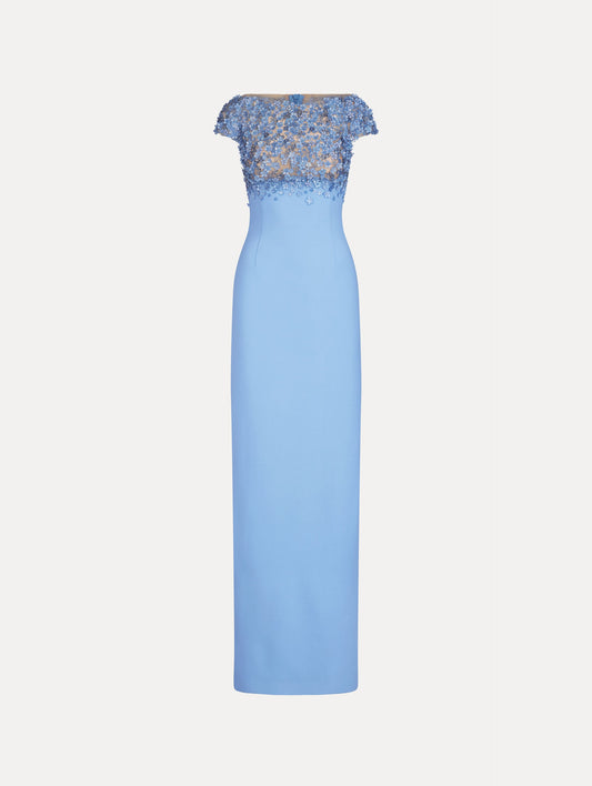 Porcelain Flower Embroidered Cap-Sleeve Gown Hydrangea / Oscar de la Renta