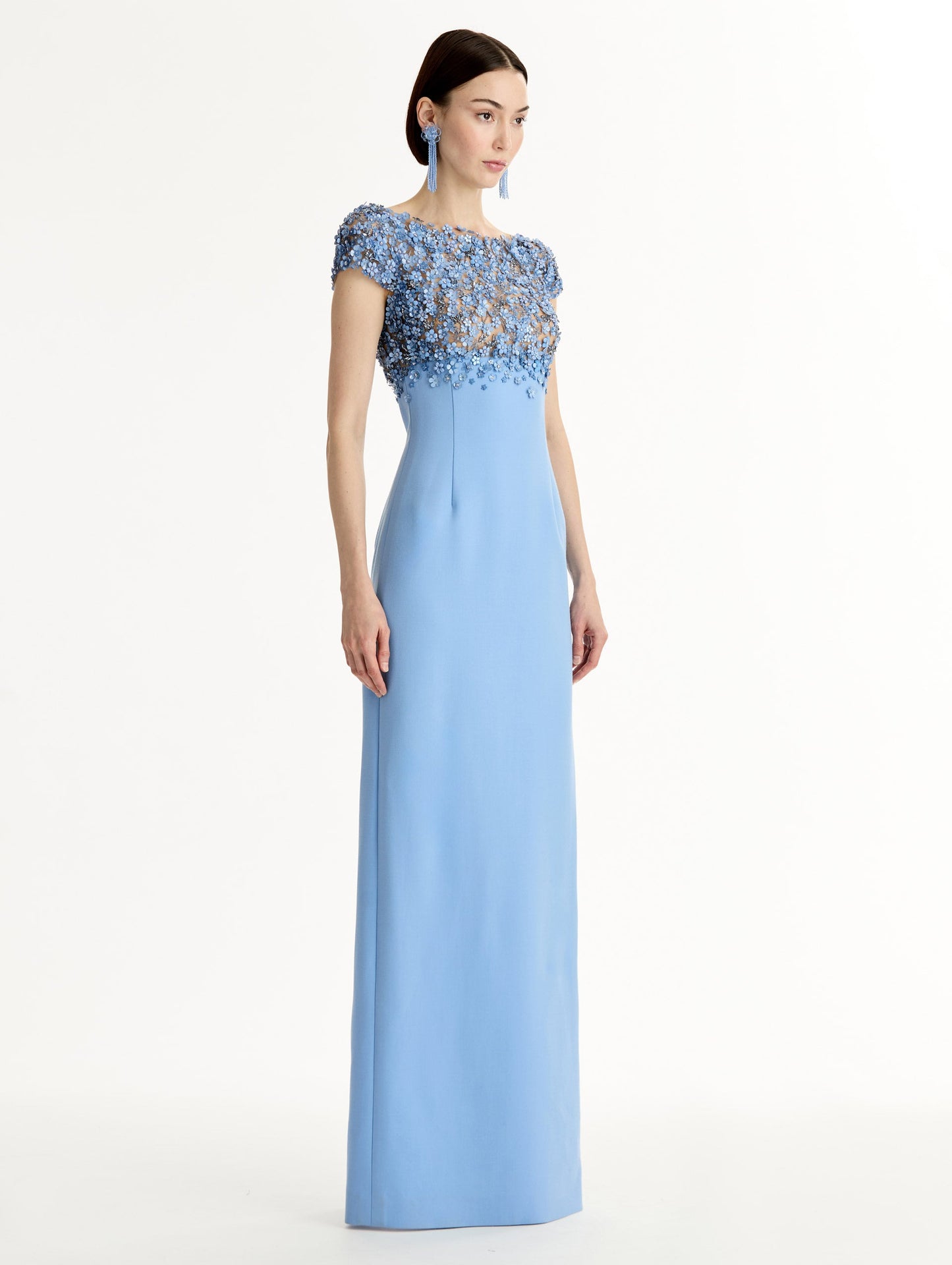 Porcelain Flower Embroidered Cap-Sleeve Gown Hydrangea / Oscar de la Renta