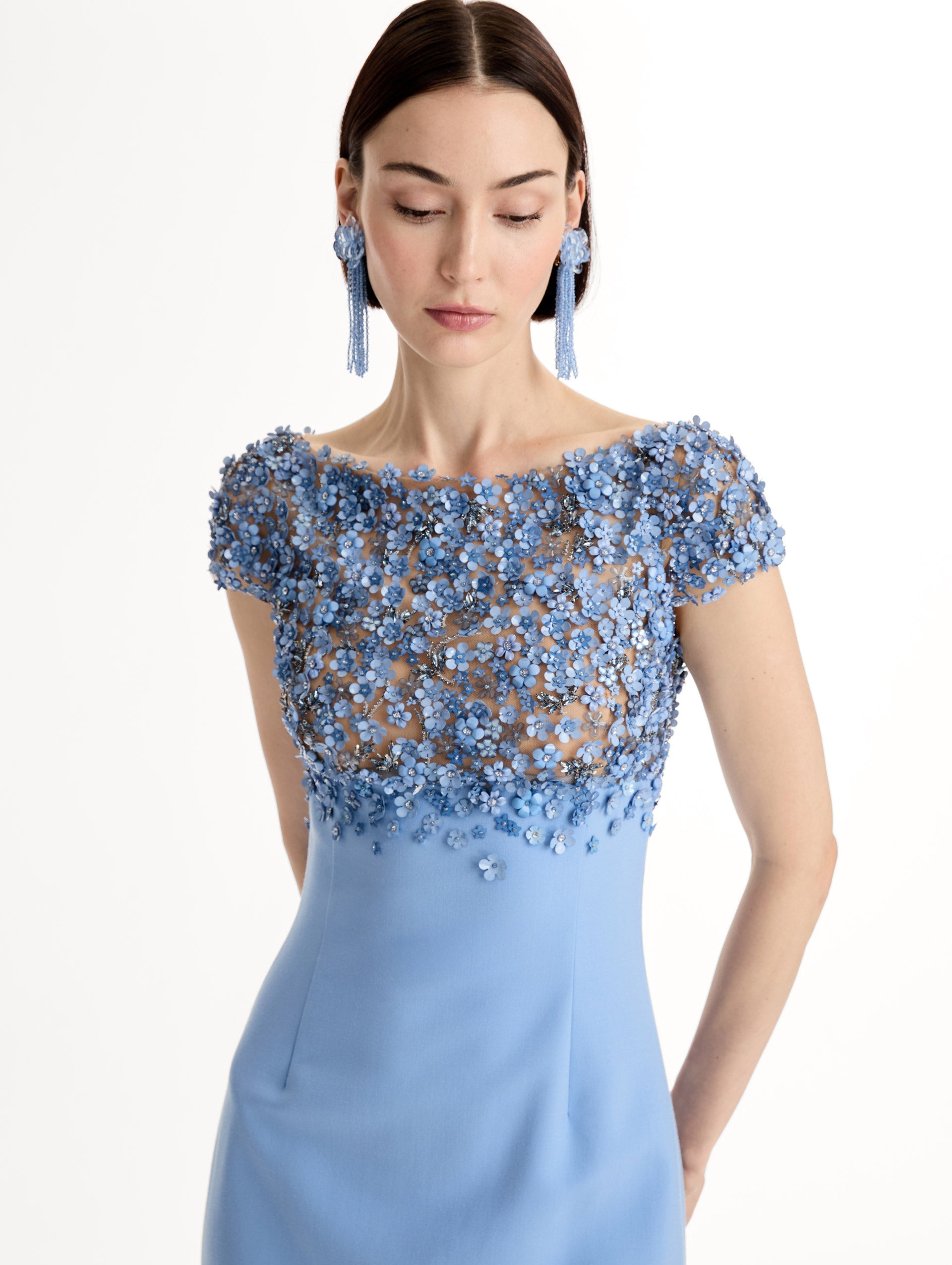 Porcelain Flower Embroidered Cap-Sleeve Gown Hydrangea / Oscar de la Renta
