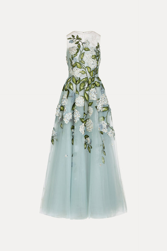 Porcelain Flower Embroidered Gown Light blue multi / Oscar de la Renta