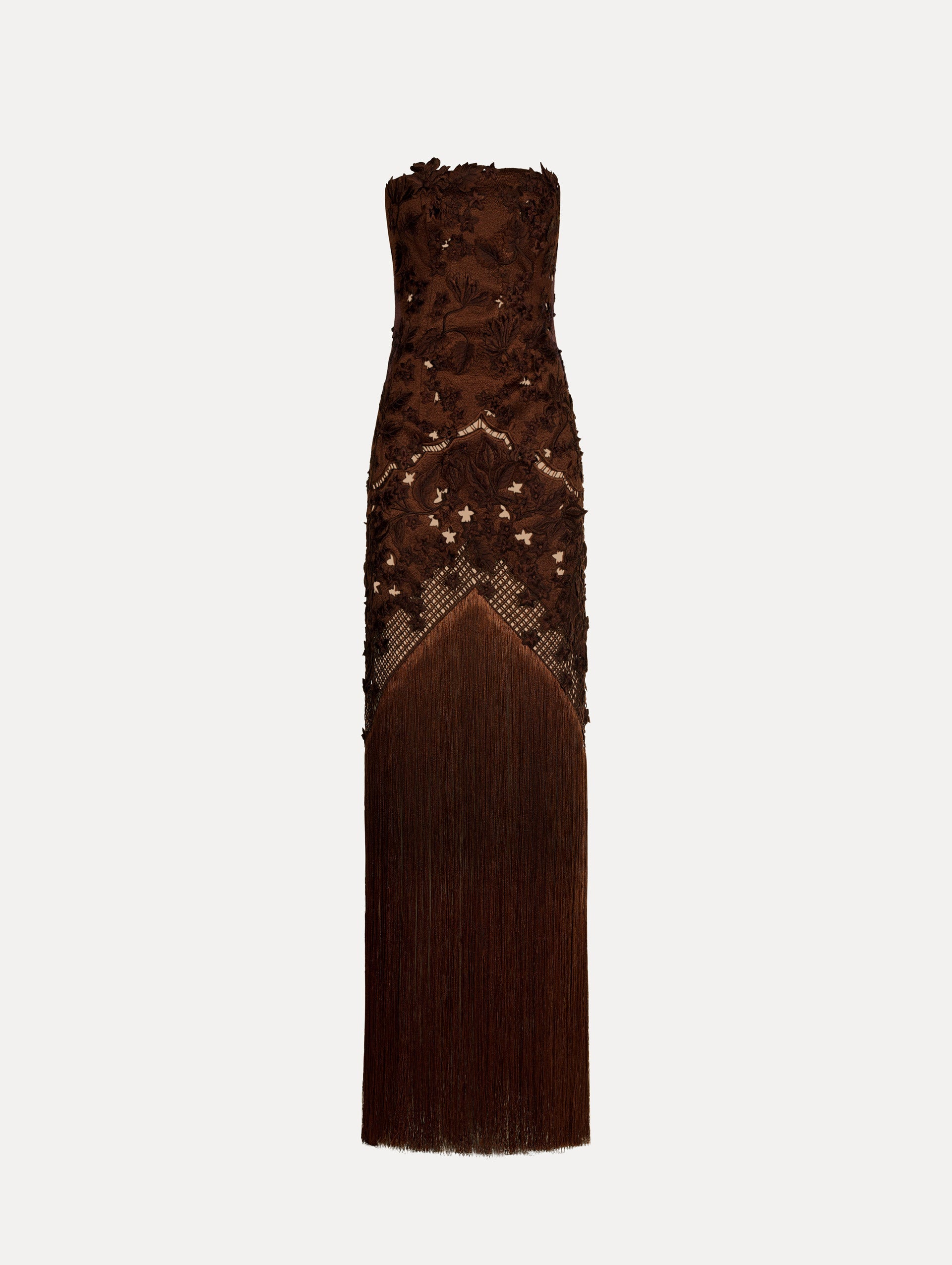Porcelain Flower Lattice Fringe Gown Mahogany / Oscar de la Renta