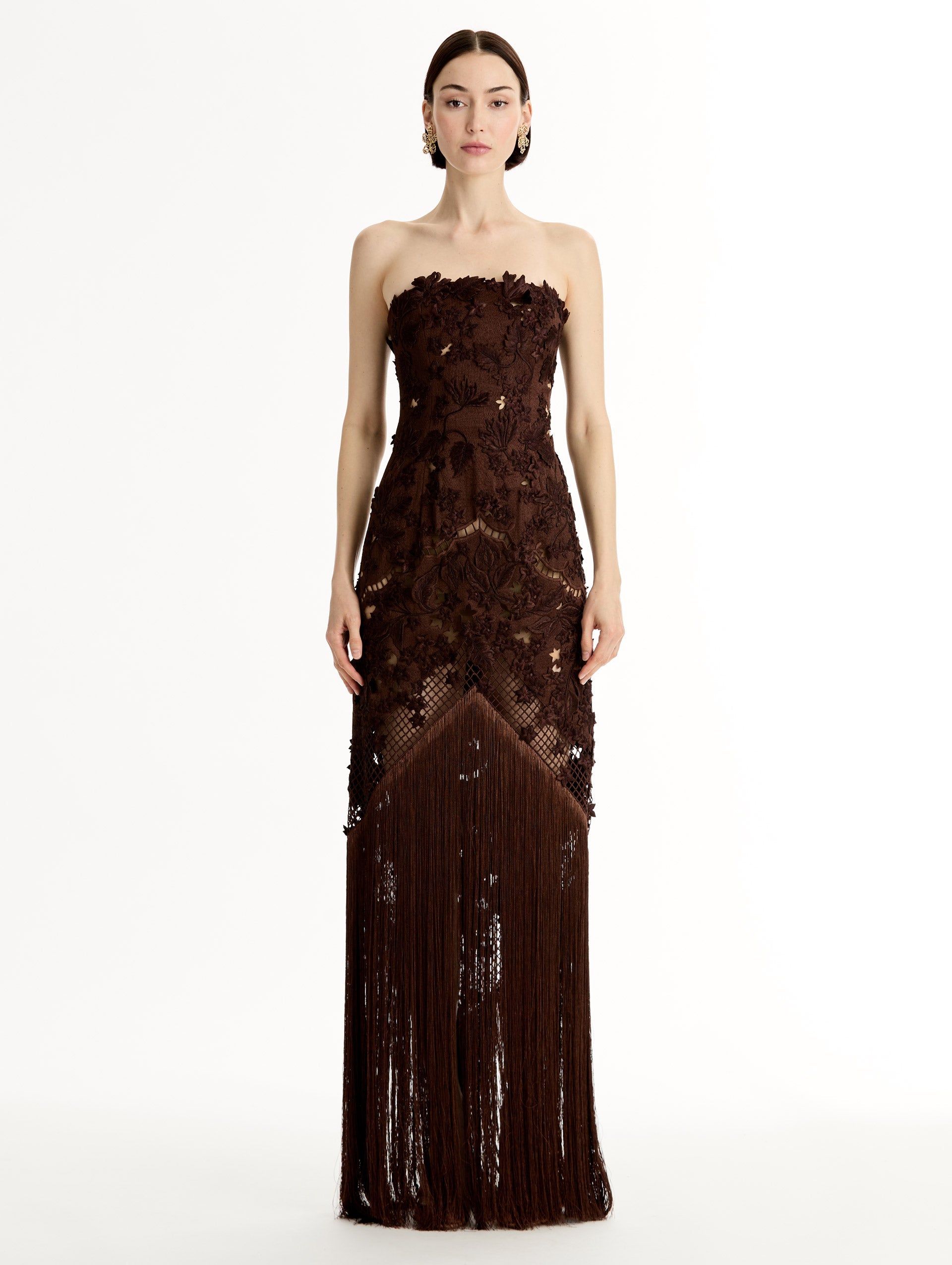 Porcelain Flower Lattice Fringe Gown Mahogany / Oscar de la Renta