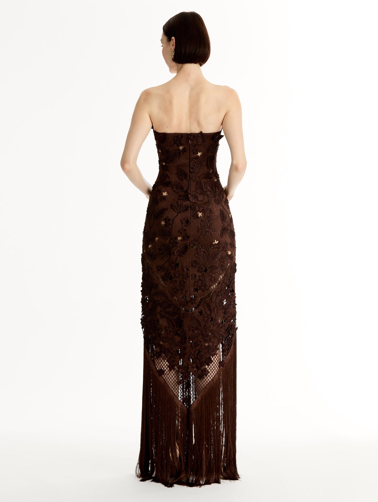 Porcelain Flower Lattice Fringe Gown Mahogany / Oscar de la Renta