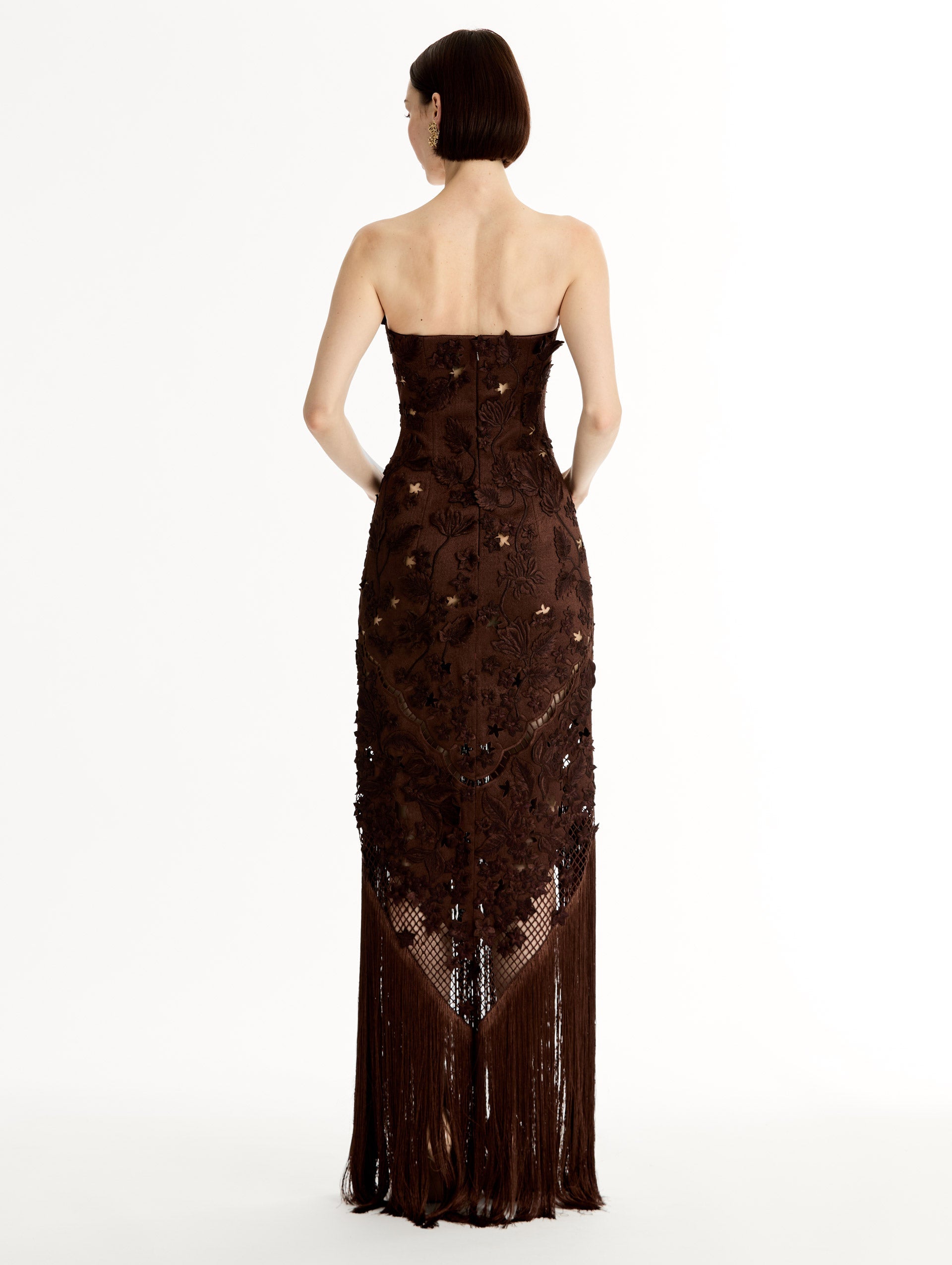 Porcelain Flower Lattice Fringe Gown Mahogany / Oscar de la Renta