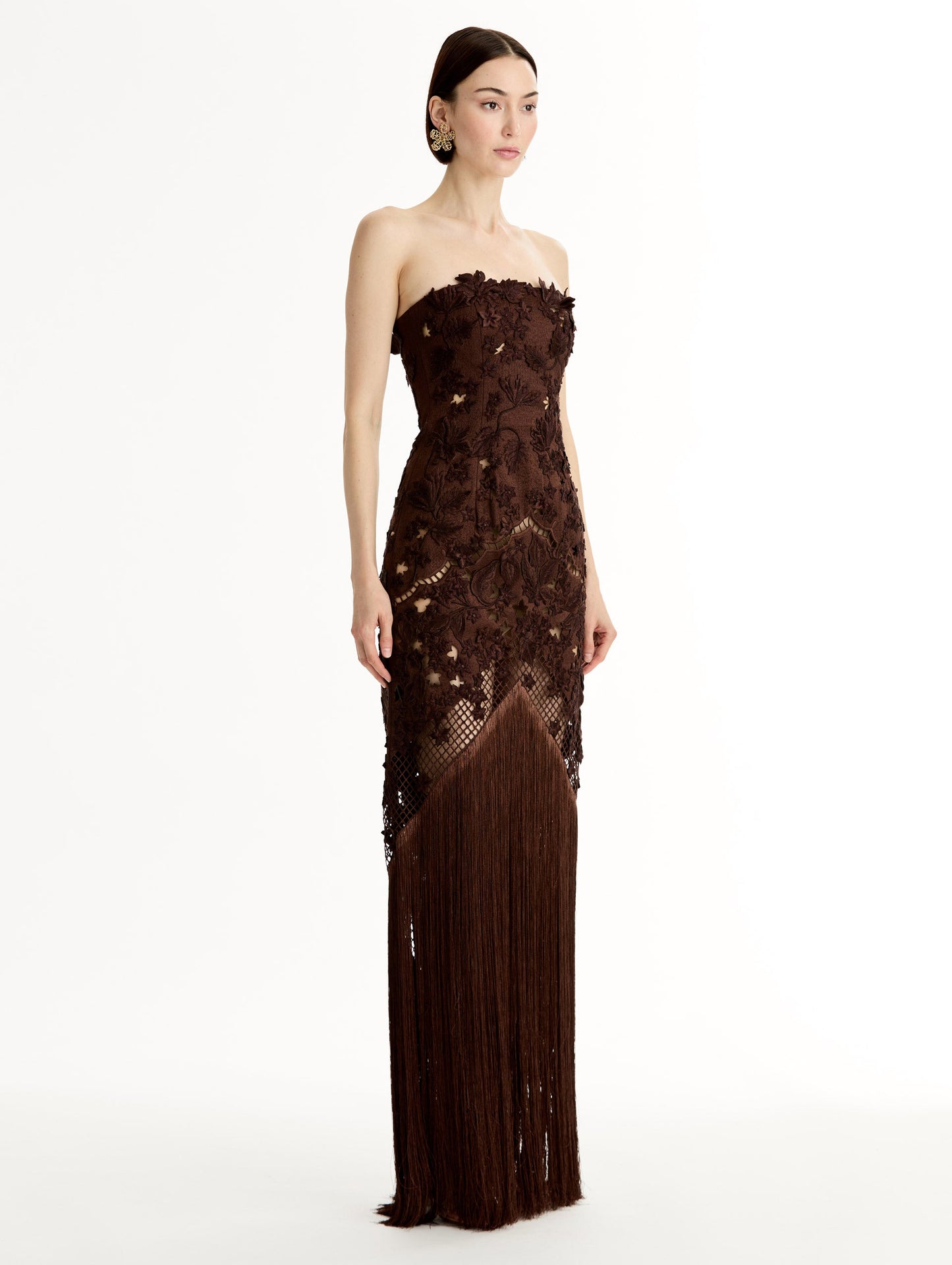 Porcelain Flower Lattice Fringe Gown Mahogany / Oscar de la Renta