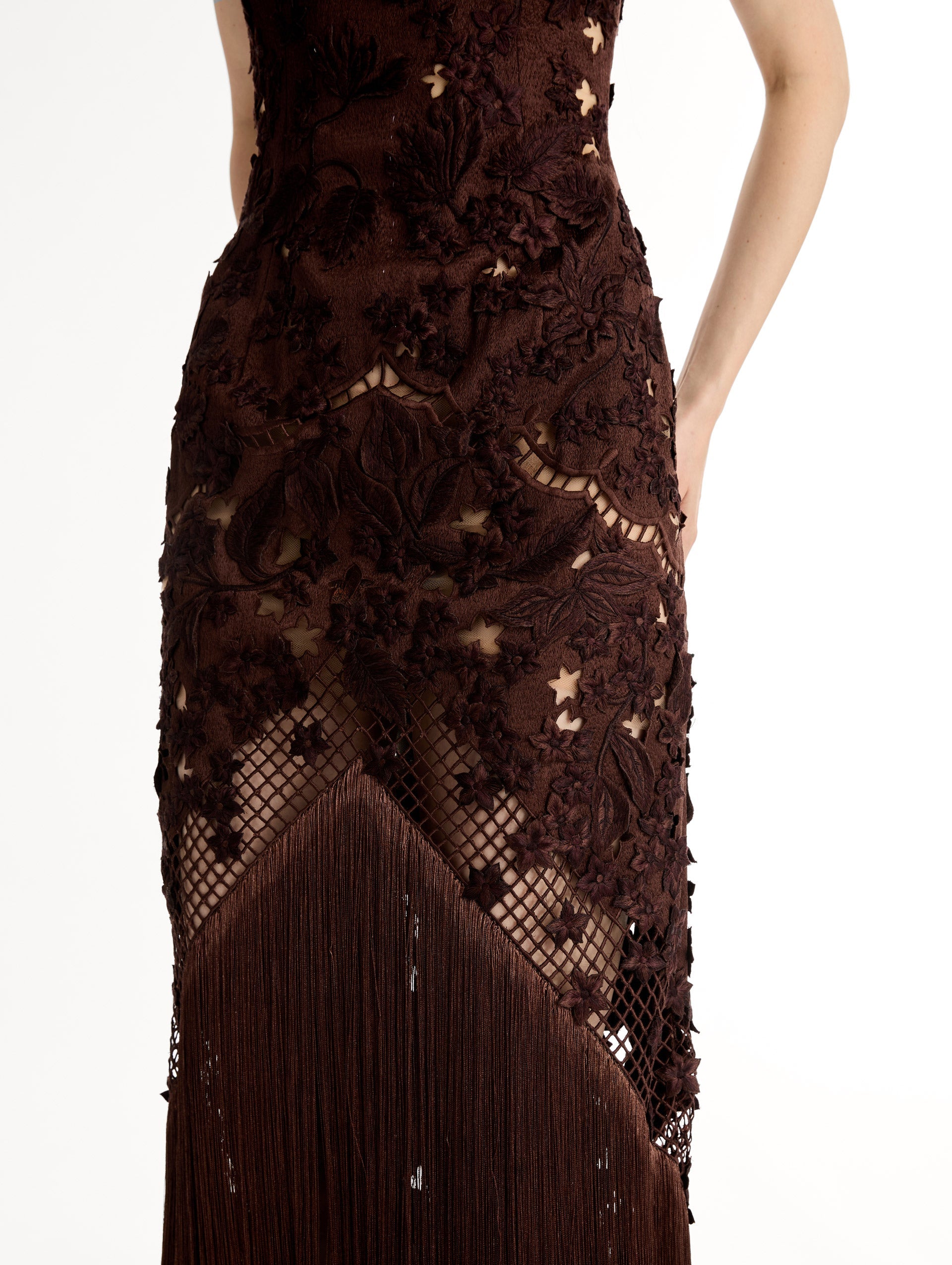 Porcelain Flower Lattice Fringe Gown Mahogany / Oscar de la Renta